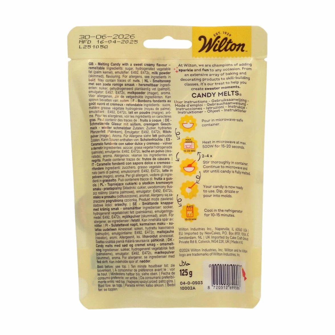 Wilton - Candy Melts Blanc Brillant: Bonbons fondants au Goût de Sucré et crémeux pour Mouler, Tremper et Décorer - Optimal pour Cake Pops, Bonbons, Gâteaux et Enrobage de Friandises - 125 g