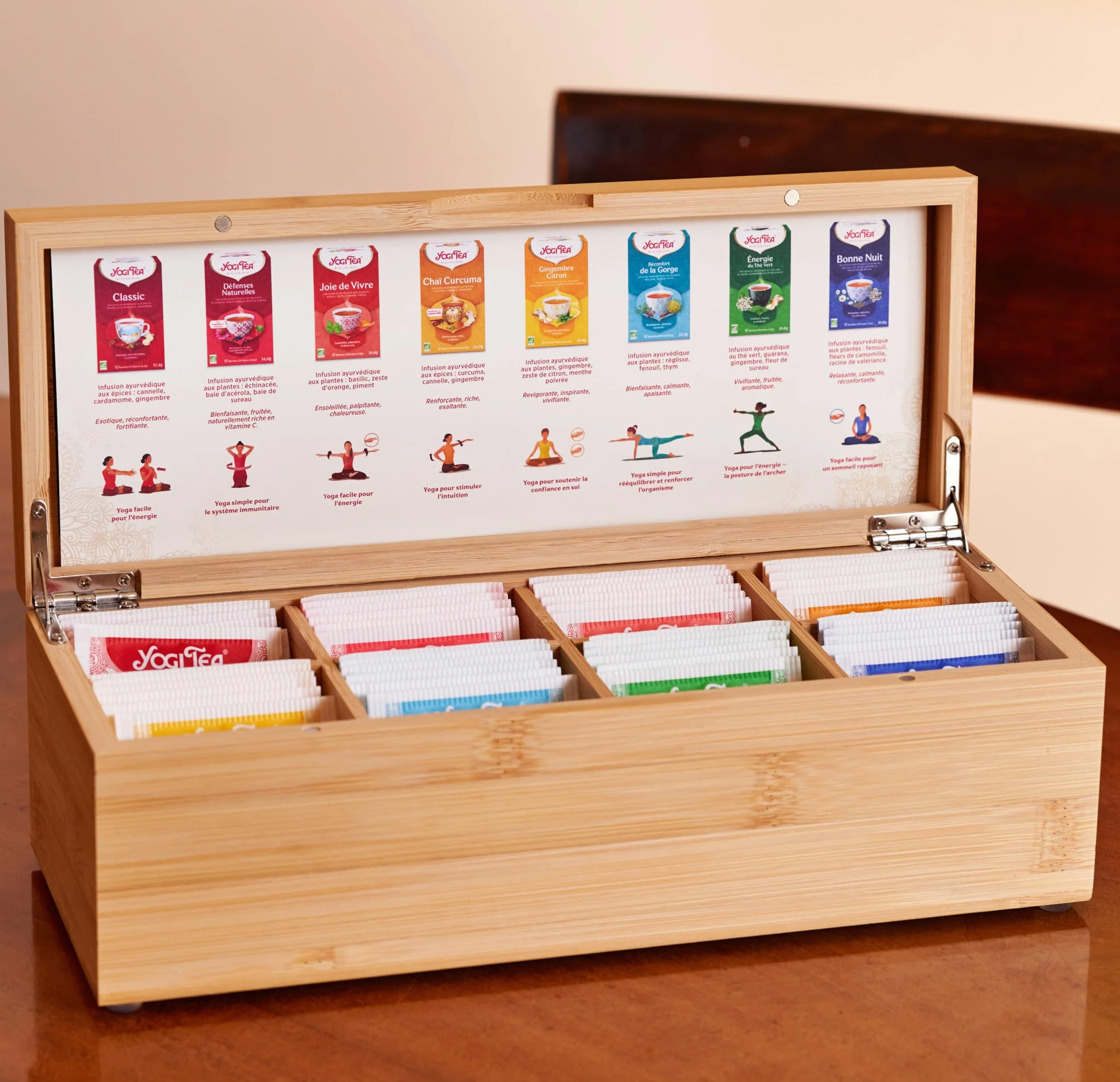 YOGI TEA - Boîte à thé en Bambou et Infusions bien-être, Coffret Cadeau Thés avec 8 sortes de thé sélectionnées, au total 48 Sachets de Thé (8x6), idéal pour la conservation