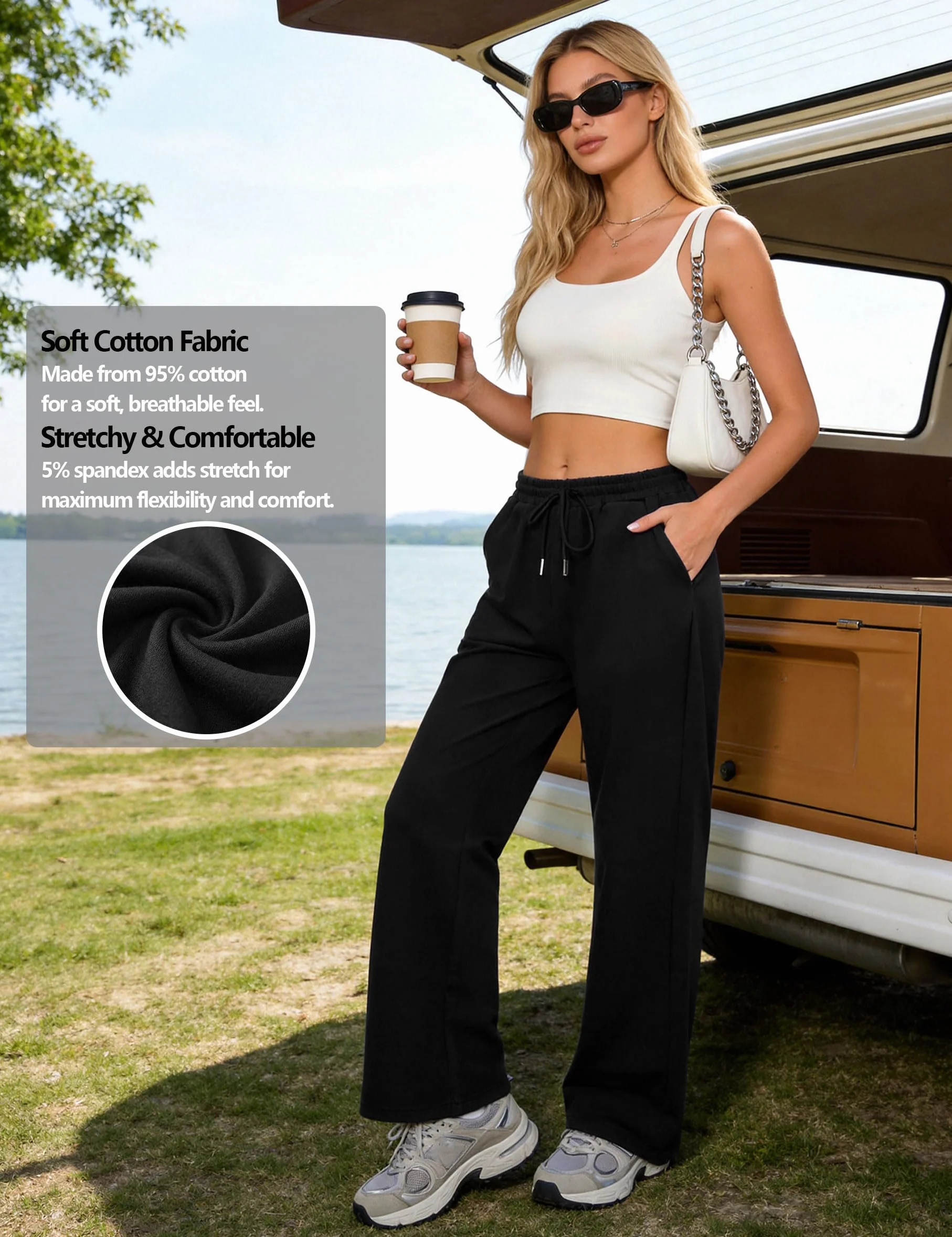 Pantalon de Sport Femme en Coton Coupe Large Taille Élastique pour Running Fitness