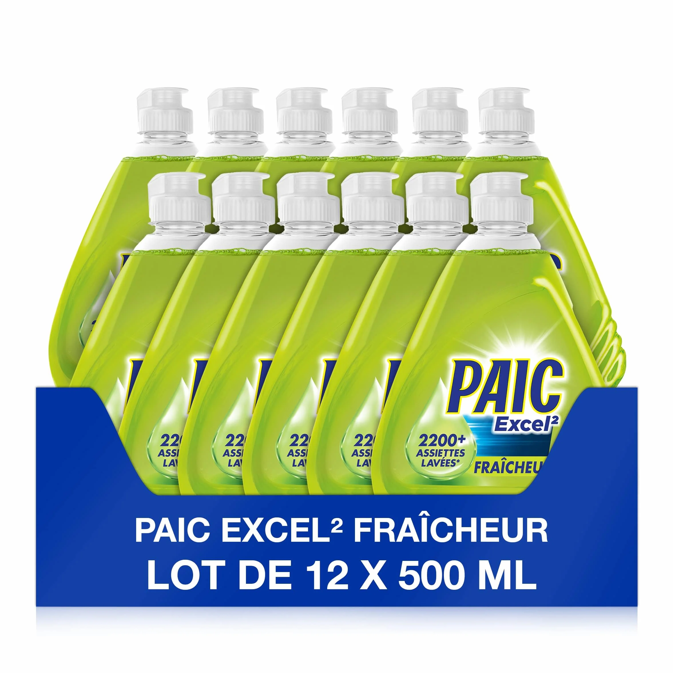 PAIC - Liquide Vaisselle main Paic - Paic Excel² Anti-Odeurs Parfum Intense - Formule Active à Froid - Ultra-Dégraissant - Anti Odeurs - 12 x 500 ml
