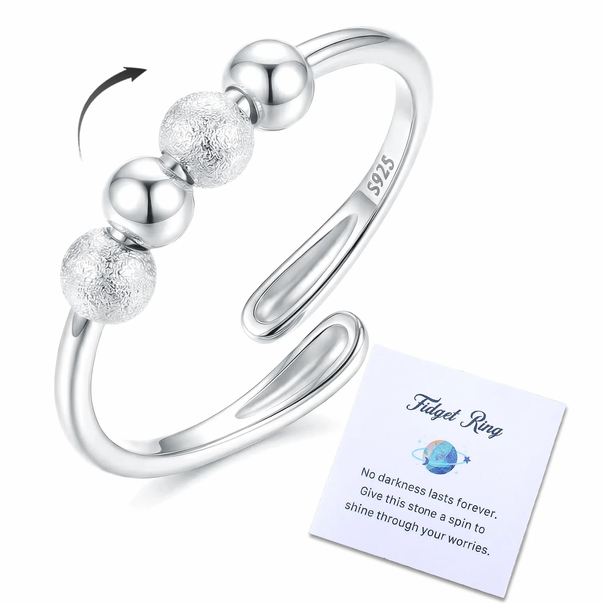 Bague Anti Stress Femme Argent 925 Bague Reglable Spinner Ring avec Perles