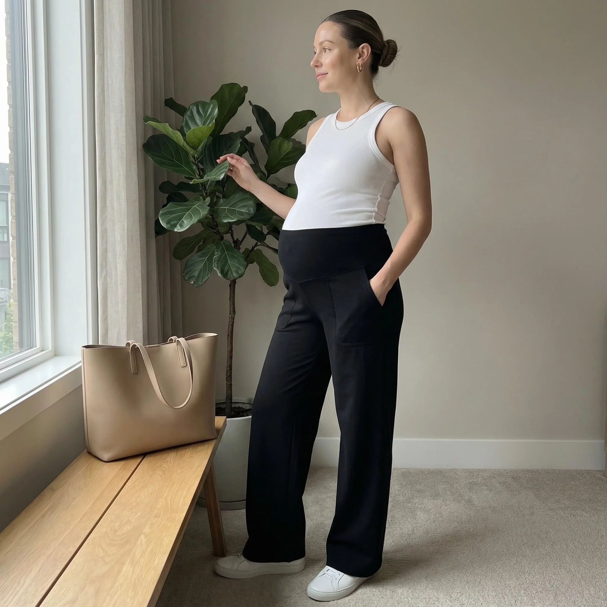 Pantalon de maternité à Jambes Larges pour Femme, Palazzo Doux avec Poches