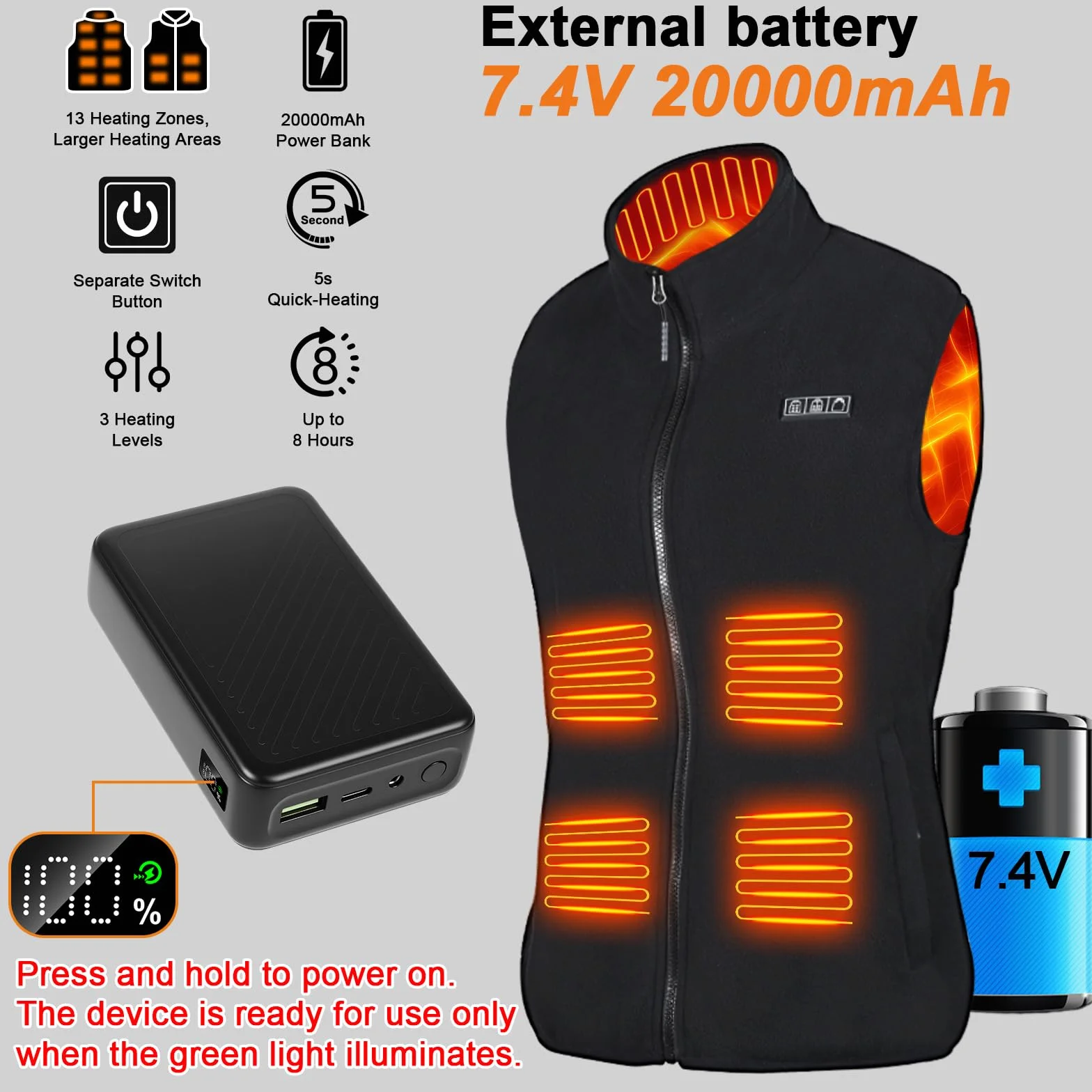 Gilet Chauffant Électrique Homme Femme 20000mAh 13 Zones 3 Modes USB Lavable