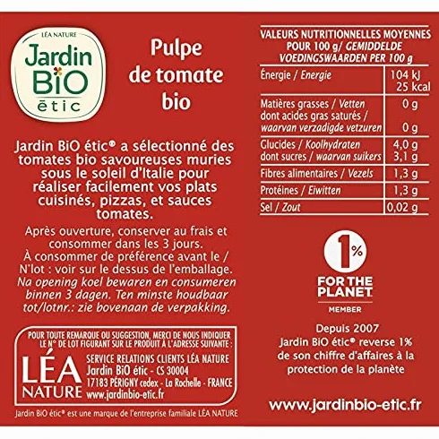 JARDIN BIO ÉTIC PULPE DE TOMATE BIO BRIQUE 500G - JARDIN BIO ETIC - LOT DE 4 - Offre Special