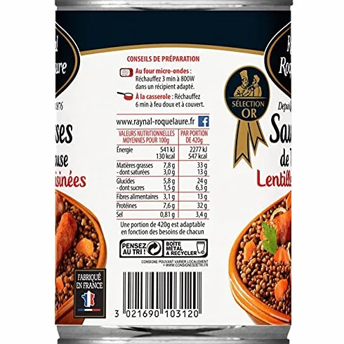 RAYNAL ET ROQUELAURE - Saucisses Toulouse Aux Lentilles Cuisinées 420G - Lot De 4 - Offre Special