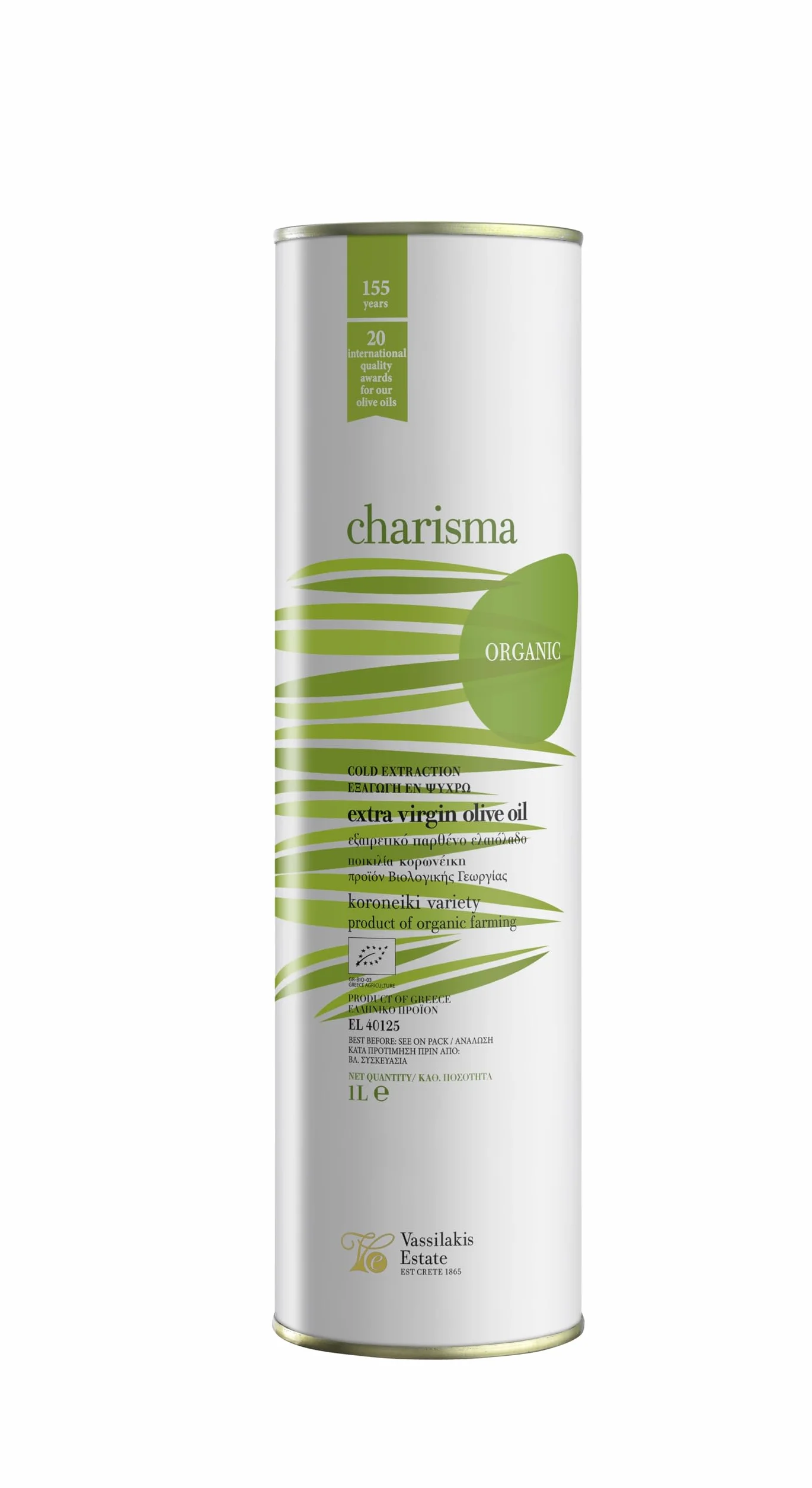 Charisma - Huile d'Olive Vierge Extra Bio de Crète (Koroneiki) - 1L Boîte Métal - Extraction à Froid
