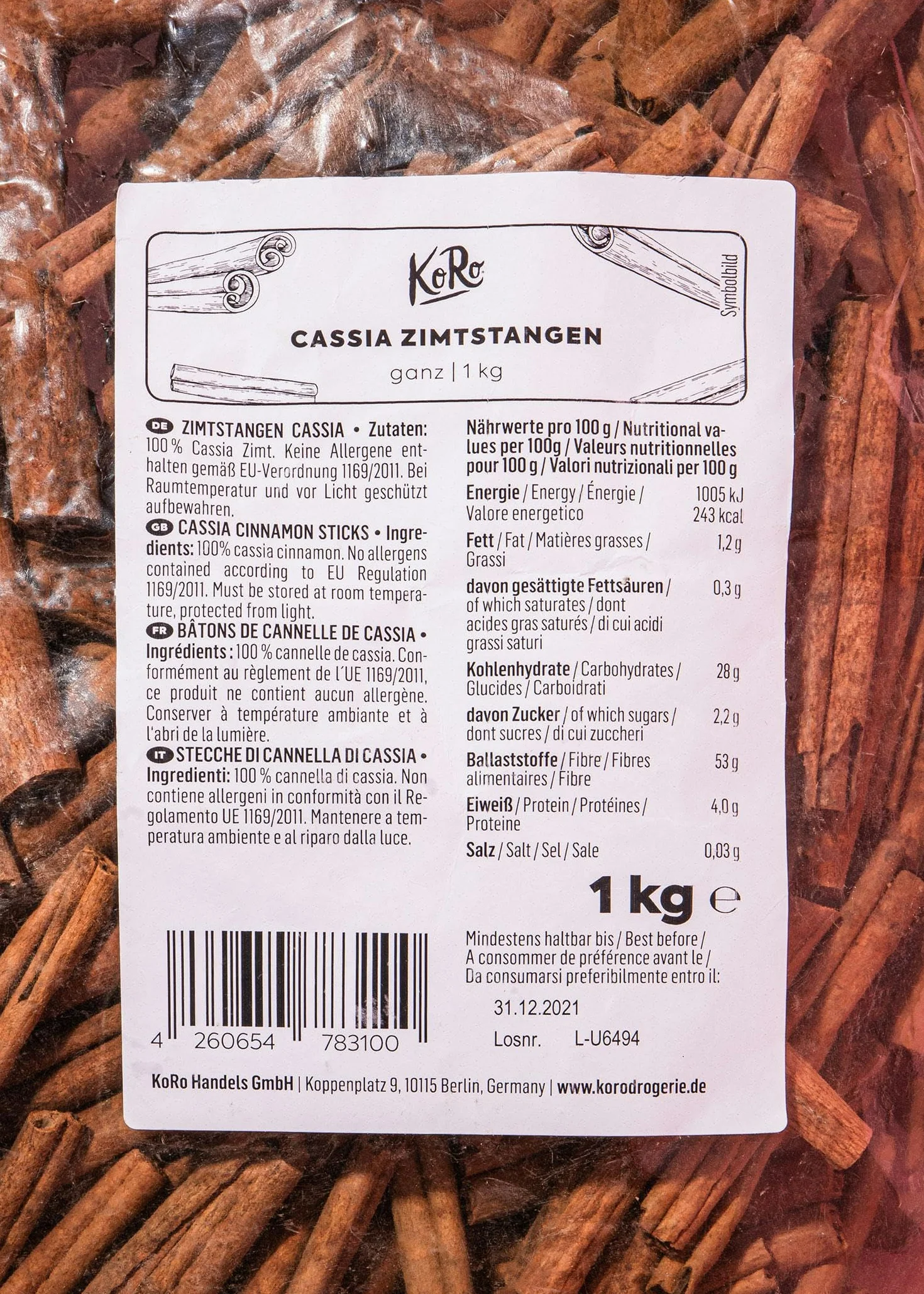 KoRo - Bâtons de cannelle Cassia 1 kg - votre approvisionnement en cannelle