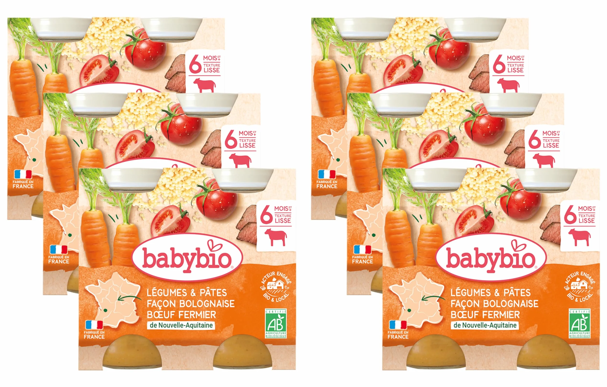 Babybio - Petits Pots - Légumes & Pâtes façon bolognaise Bœuf - 6+ mois - BIO - 2 x 200g - Lot de 6