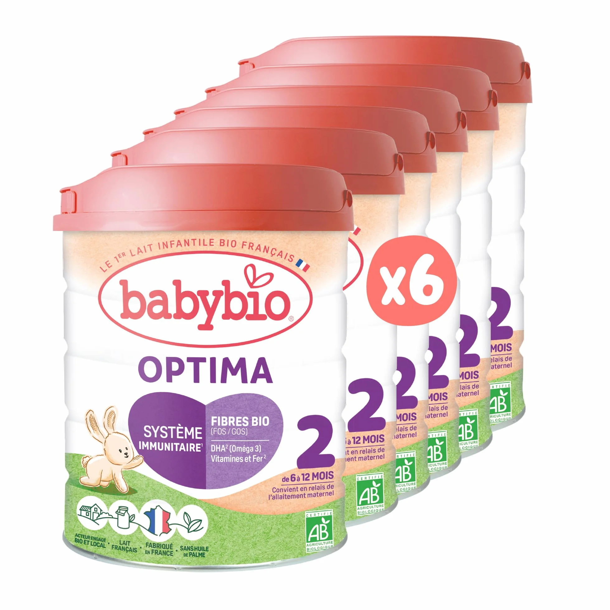 Babybio - Lait Infantile - Optima 2ème Âge avec Fibres - 800g - dès 6 Mois - BIO - Fabriqué en France - Sans Huile de Palme - Lot de 6