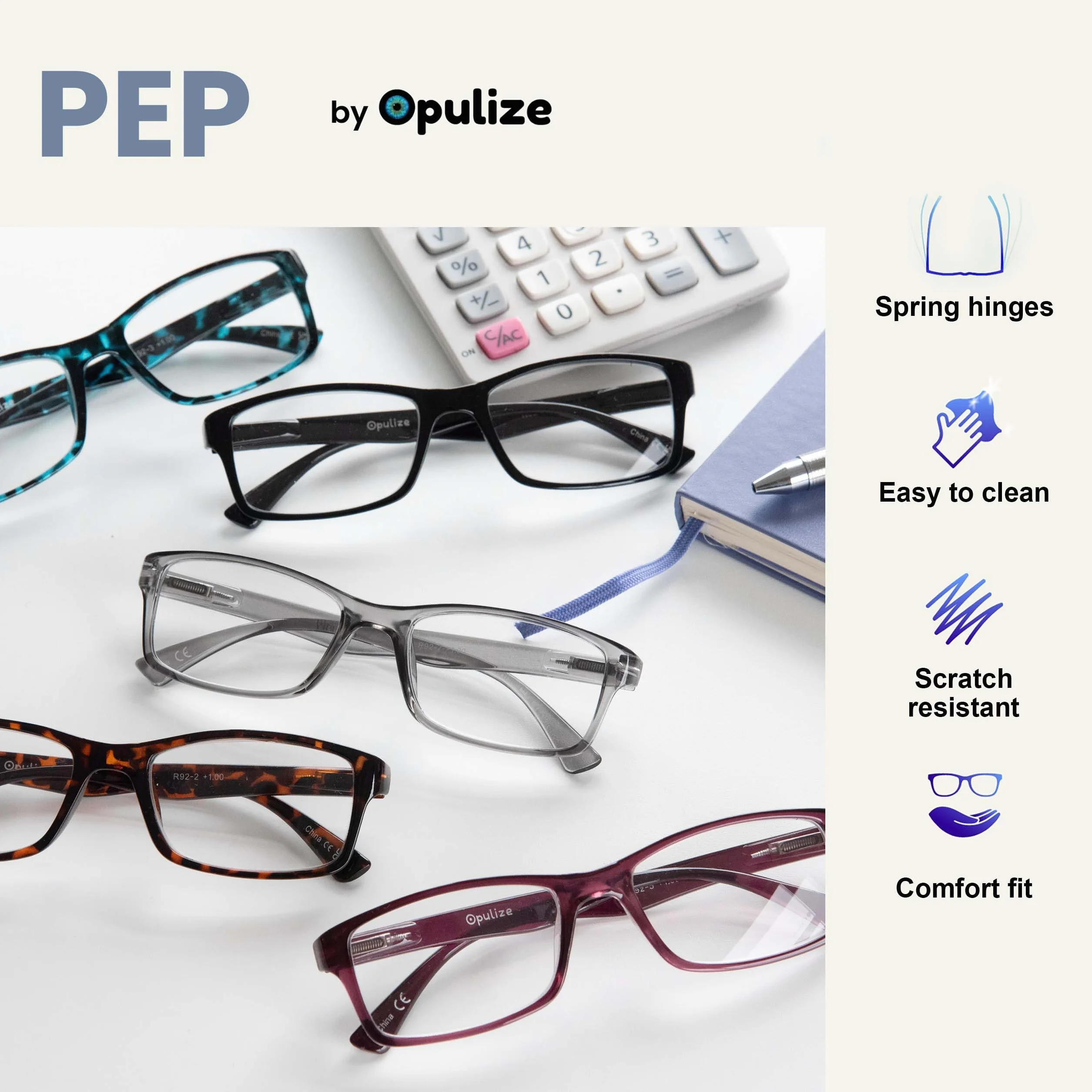 OPULIZE Pep Lunettes de lecture 6 Pack Classic Rectangular Frame Scratch Resistant Spring Hinges Black +1.50
