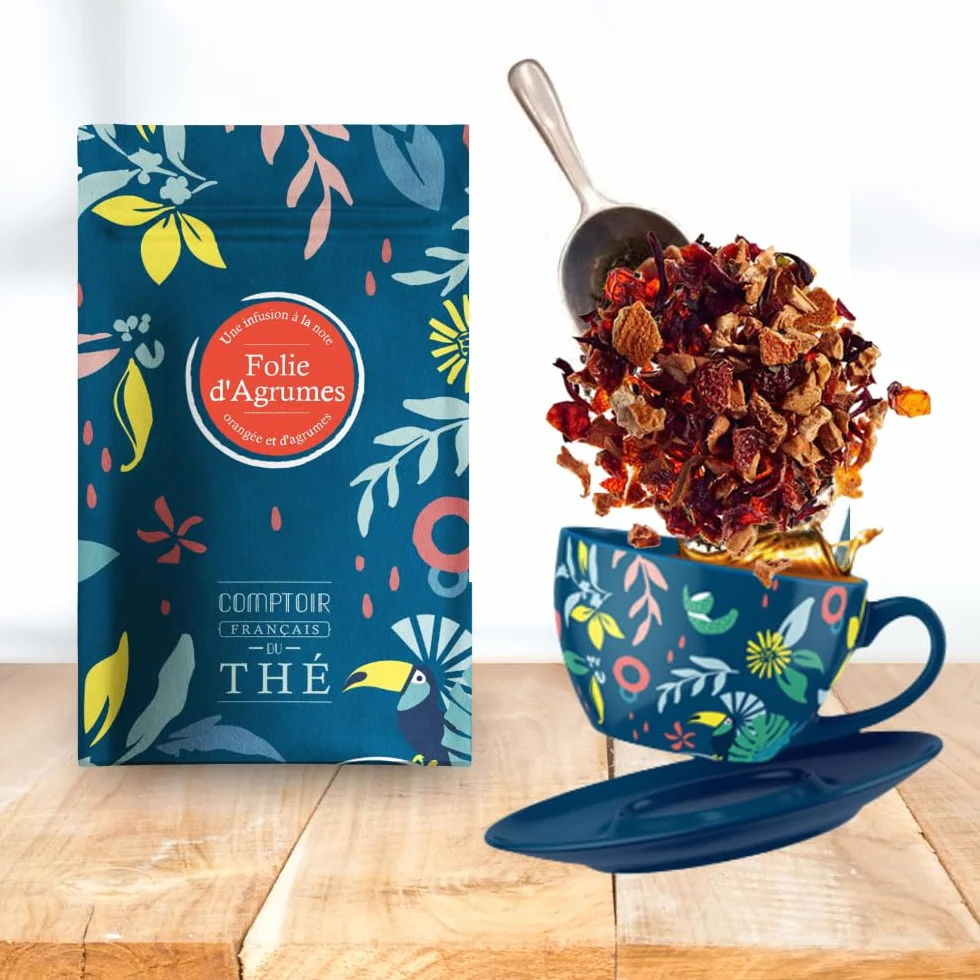 2x100g d'Infusion Orange Agrumes - Folie D'Agrumes COMPTOIR FRANÇAIS DU THÉ | Arômes d'orange et d'agrumes - Délicieuse chaude ou glacée - Infusion en vrac, sachet zip refermable - coffret thé à offrir