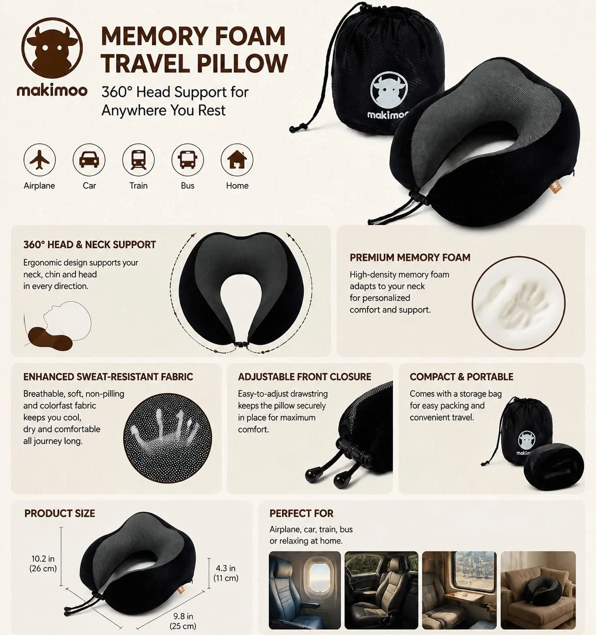 Oreiller de voyage en mousse à mémoire de forme cervical 360 degrés Noir