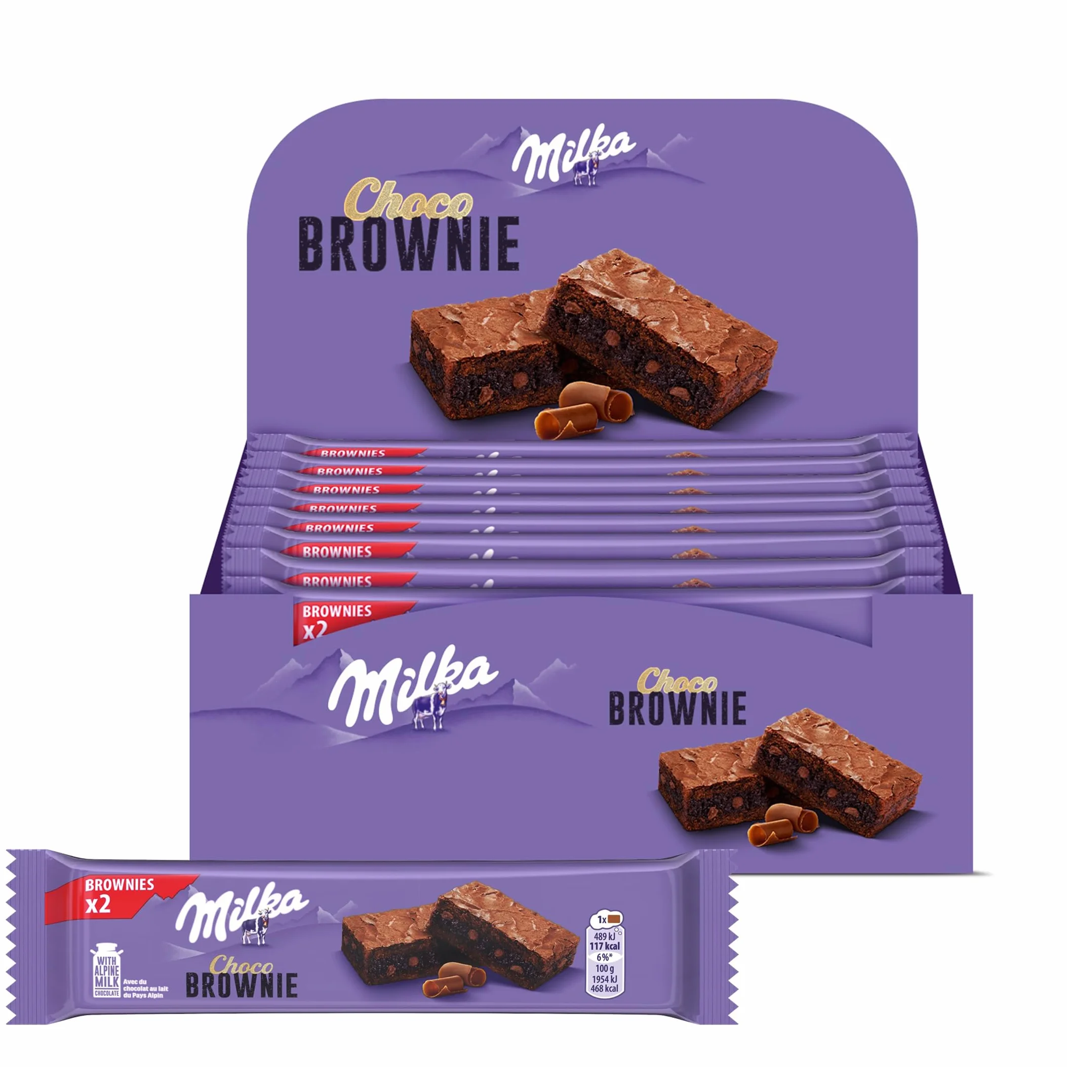 MILKA - Choco Brownie - Gâteau Moelleux Chocolat au Lait Milka et Pépites de Chocolat - Lot Gâteaux Individuels - Format Familial Pratique pour le Goûter des Enfants - Présentoir de 24 Sachets de 50g