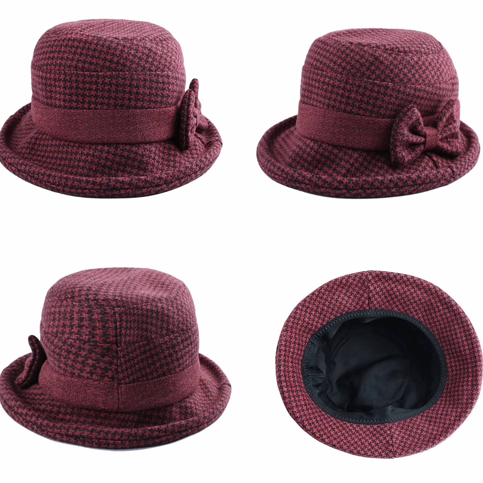 Adigaber Chapeau Melon Femme Bord Enroulable Hiver Rétro Cloche Nœud Réglable