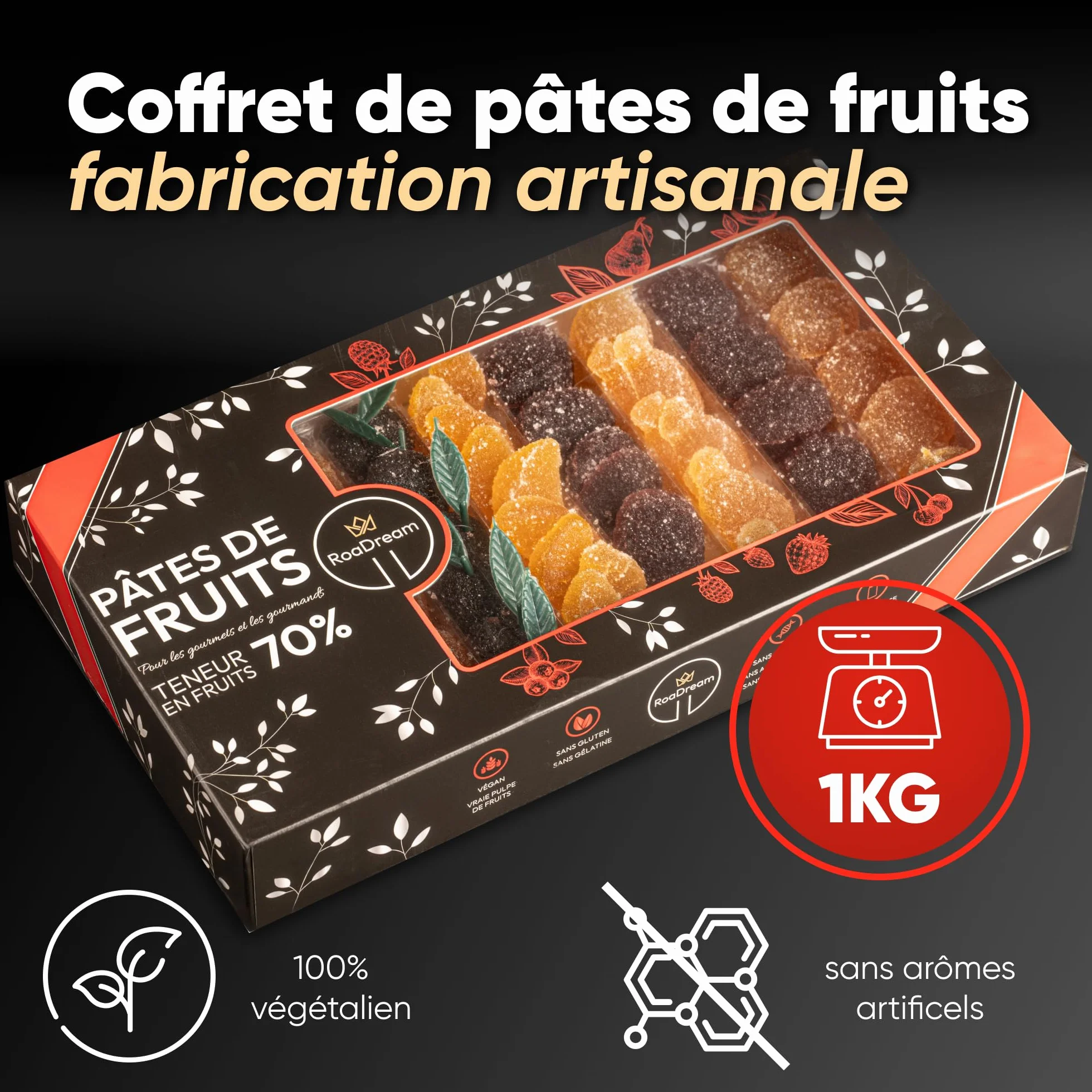 Pâtes de fruits Artisanales - boite cadeau 1 KG - Saveurs multi fruits - (sans gluten, sans colorant, sans arôme artificiel, sans lactose, sans conservateur) - teneur en fruits de 70%