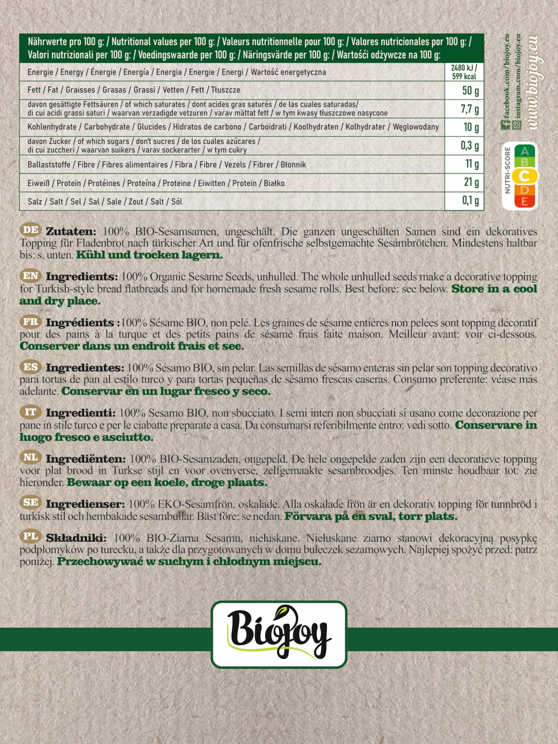 Biojoy Sésame BIO non pelé (1,5 kg), entier et cru, graines de sésame blanc, sans additifs