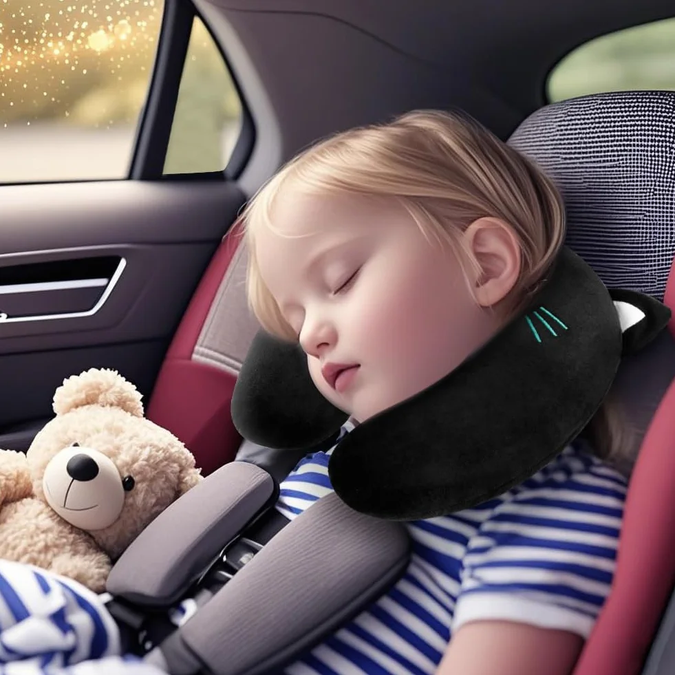 Oreiller de Voyage Enfant Adulte Coussin de Cou Ultra-Doux Chat Noir en Forme de U