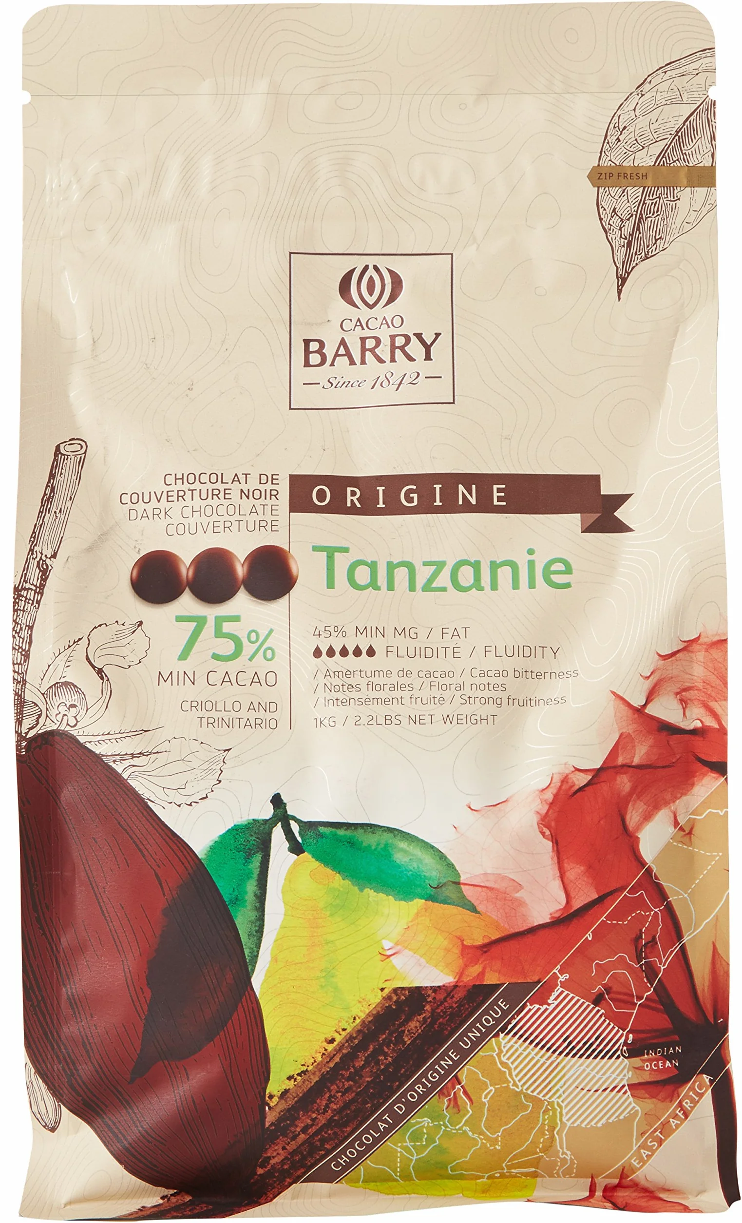 CACAO BARRY 75% Min Cacao Chocolat Tanzanie Pistoles 1 kg