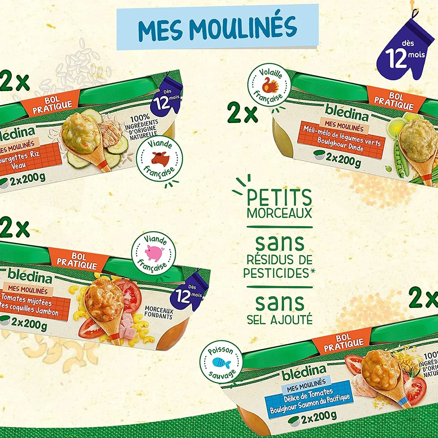 Blédina - Mes Moulinés - Repas bébé - 16 bols avec 4 Recettes inspirées du Fait Maison - Dès 12 Mois - Faible teneur en sel - 16x200g, Multicolore