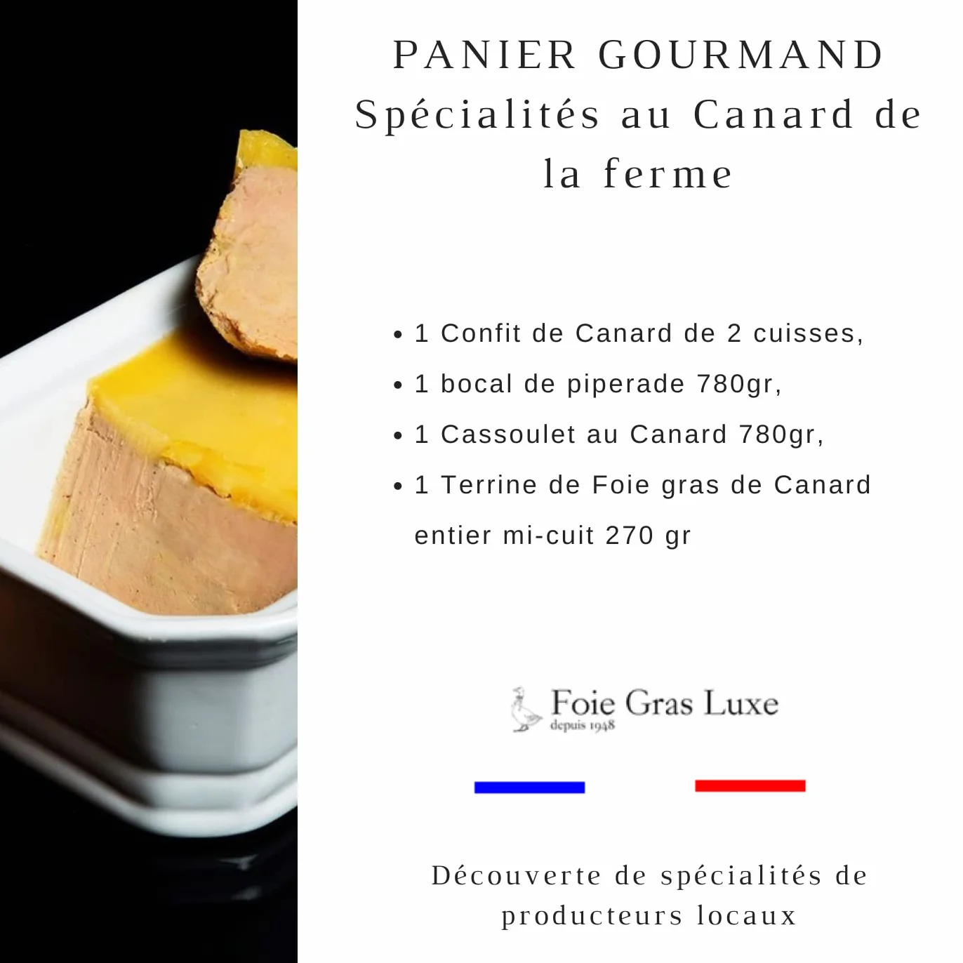Panier Gourmand Noël Box Produits du Sud-Ouest 4 spécialités de la Ferme au Canard- Terrine de Foie Gras de Canard, Cassoulet, Piperade, Confit de Canard - Bocal en Verre - Sans Additifs Sans OGM