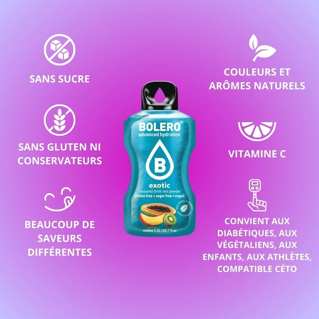 Bolero boissons EXOTIC MIX STICKS 24x3g I boisson rafraîchissante en poudre sans sucre édulcorée à la stévia | boisson hypocalorique à la vitamine C