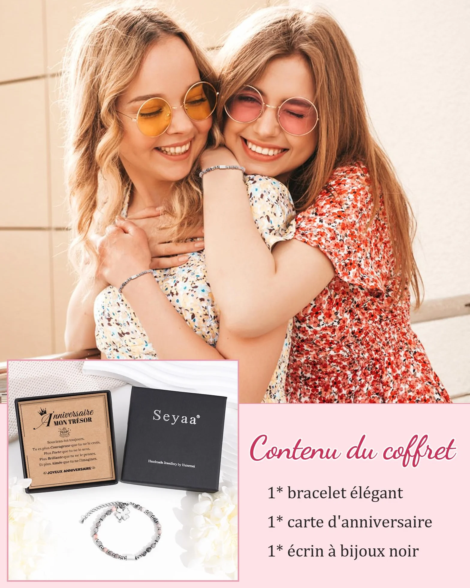 Seyaa Bracelet Pierre Naturelle Cœur Croix Trèfle 4 Feuilles Personnalisé Cadeau Anniversaire Fille