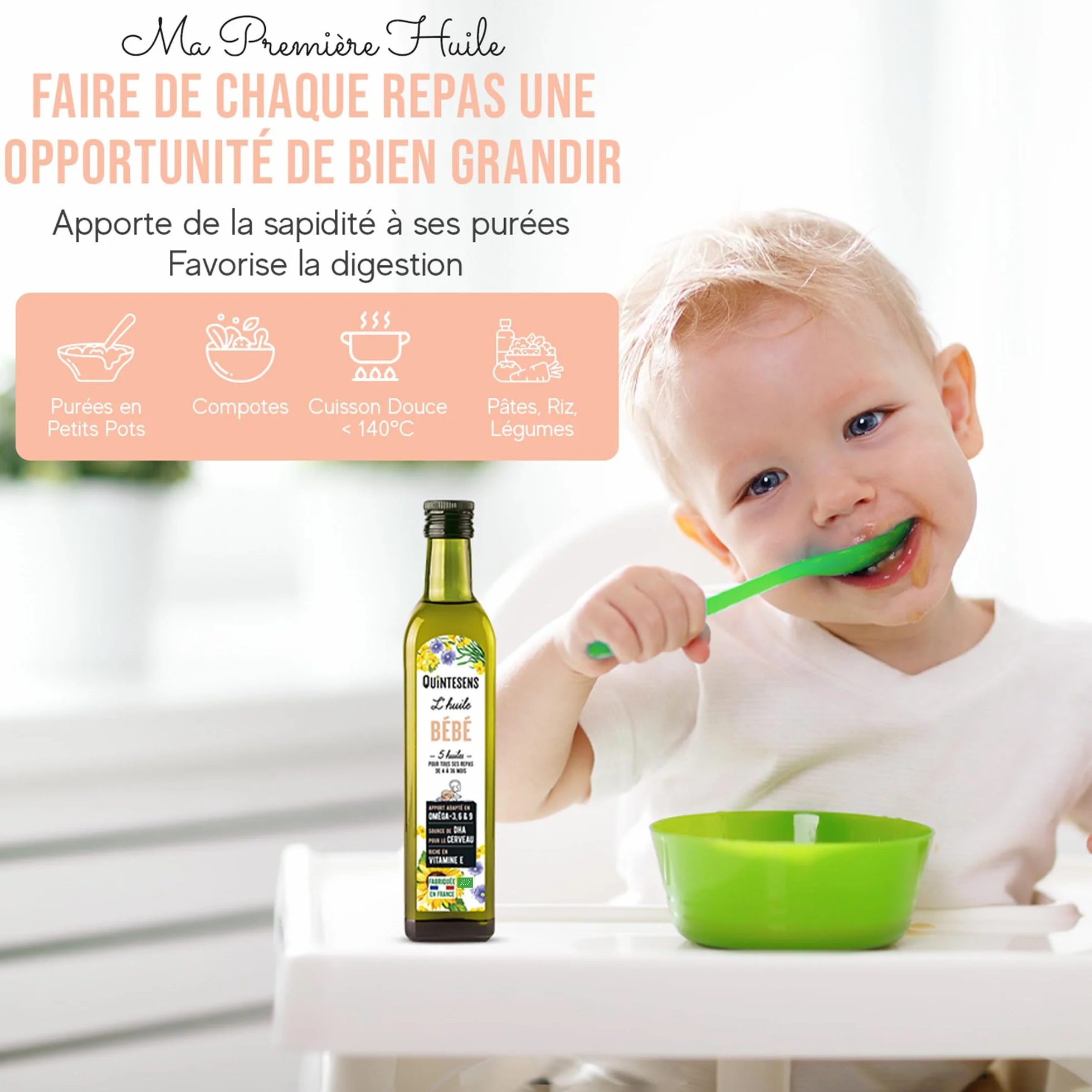 Lot 3 Huiles Bébé QUINTESENS 250 ml - Développement cérébral et Protection cellulaire - Apports en DHA, Oméga 3, 6 & 9 et Vitamine E - Production 100% Française - 4-36 Mois