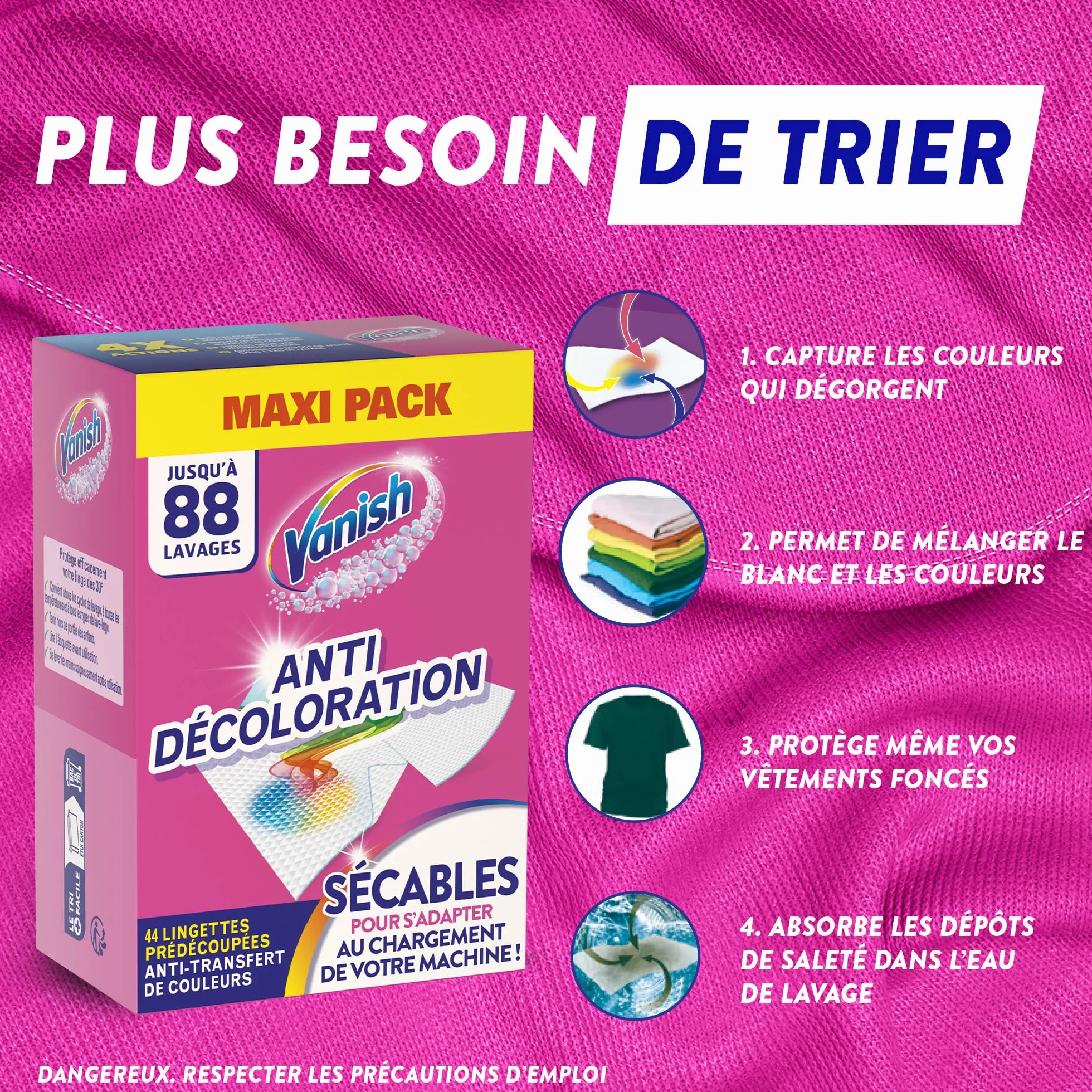 Vanish Lingettes Anti Decoloration - 132 Lingettes Sécables - Lot de 3x44