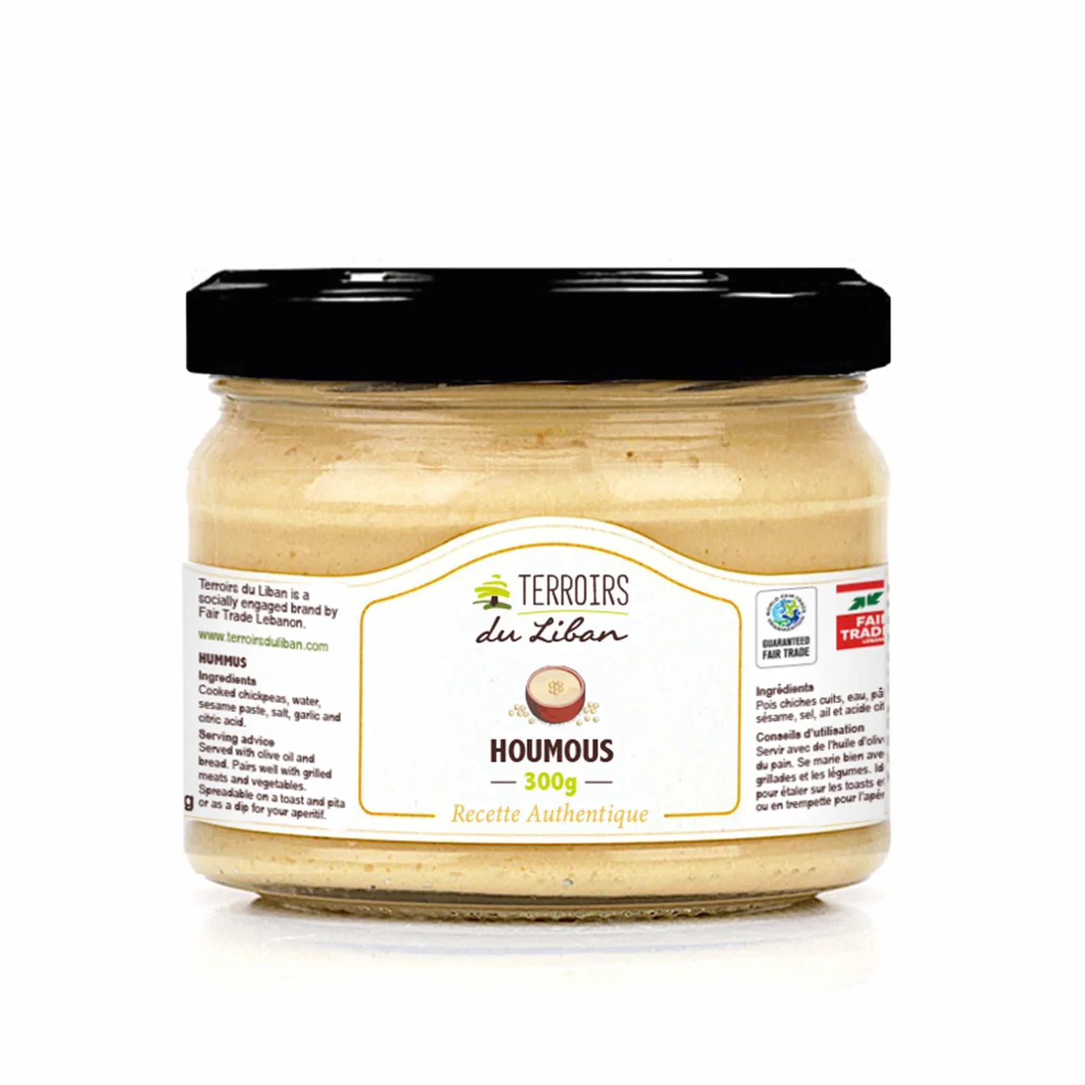 Houmous Libanais Authentique- Tartinade de Pois Chiches et Tahini- Vegan, Riche en Protéines & Fibres- Idéal pour Mezzés, Toasts et Grillades- Certifié Commerce Equitable- 3 x 300g- Terroirs du Liban