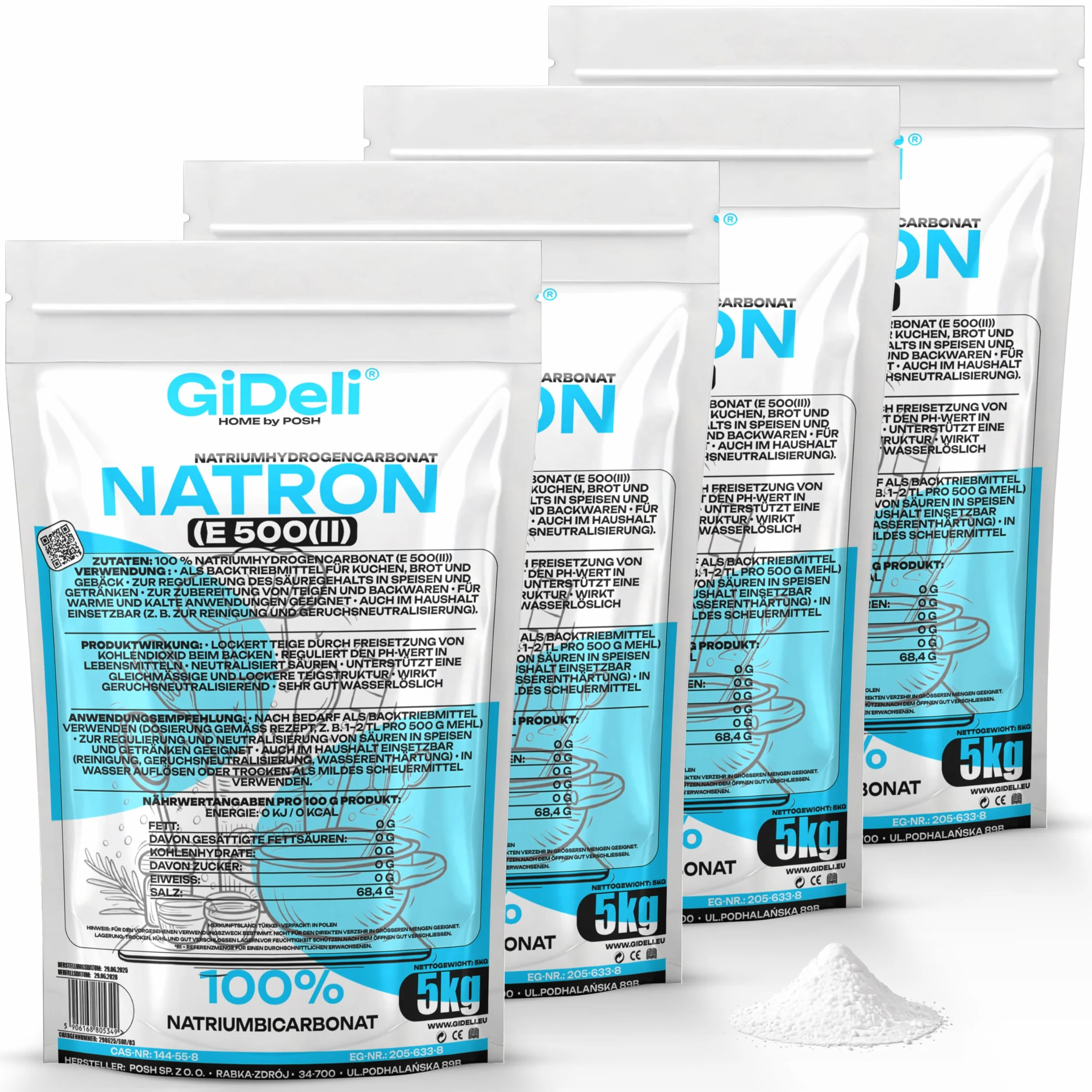 GiDeli Bicarbonate de Soude Qualité Alimentaire 4x5kg - Poudre de bicarbonate de sodium sans additifs - Idéal pour cuisiner, pâtisser, laver et nettoyer - Utilisation polyvalente dans la maison