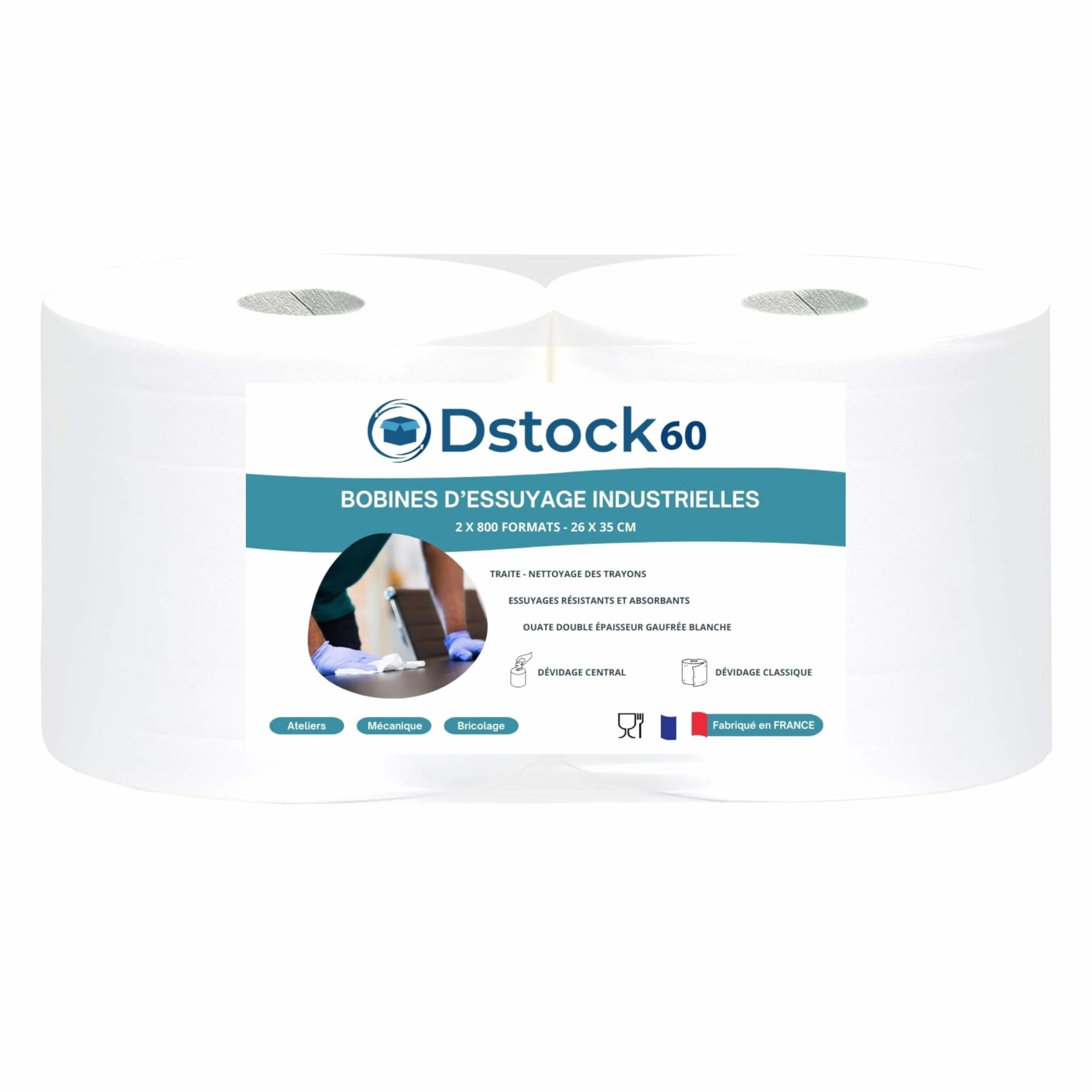 DSTOCK60 - Lot de 2 bobines d’essuyage industrielles blanches - 800 formats prédécoupés - 26 x 35 cm- pure ouate gaufrée