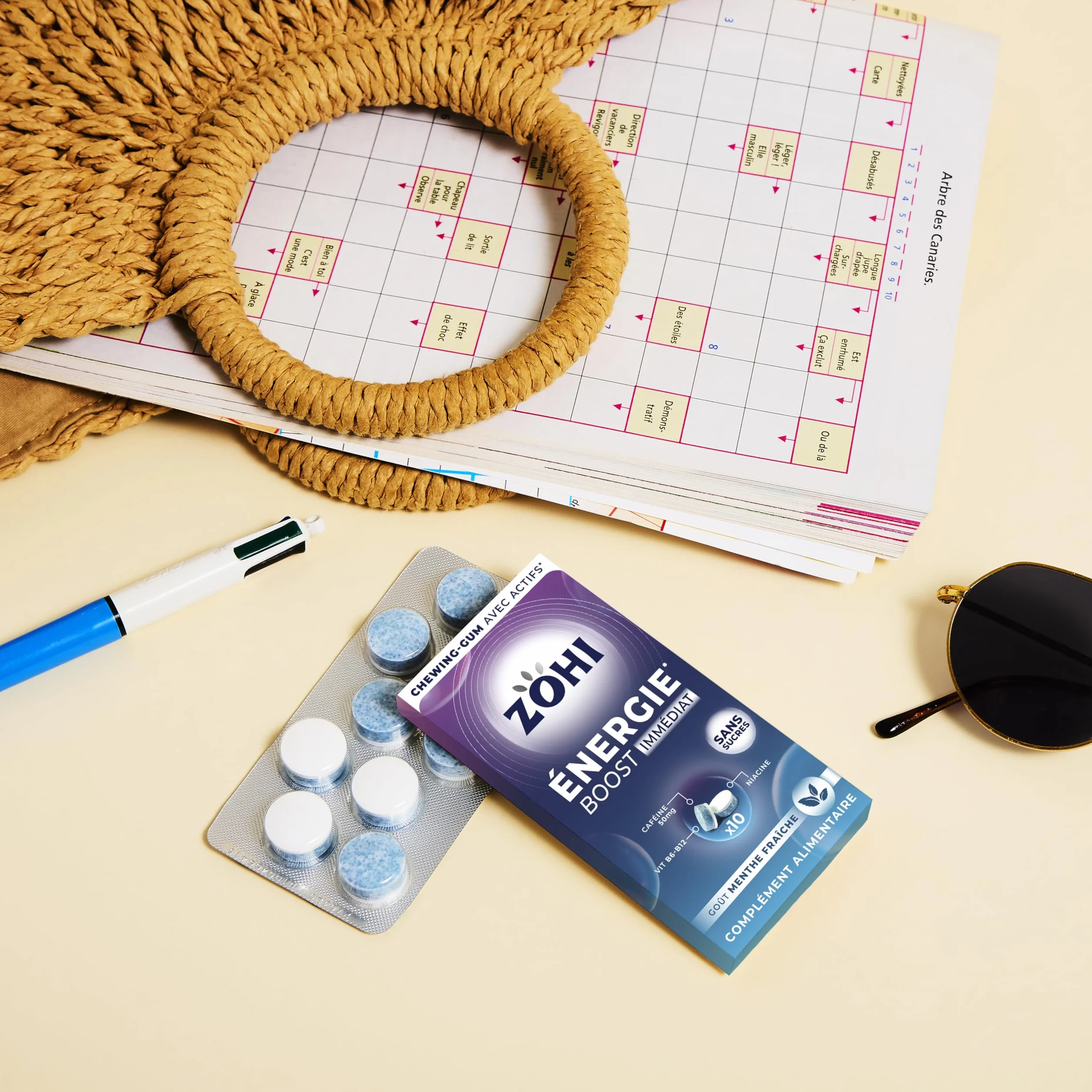 ZOHI Chewing-gum sans sucres avec actifs - Boost Energie - Goût menthe fraîche - Complément alimentaire avec édulcorants - Boîte de 12 plaquettes de 10 chewing-gums