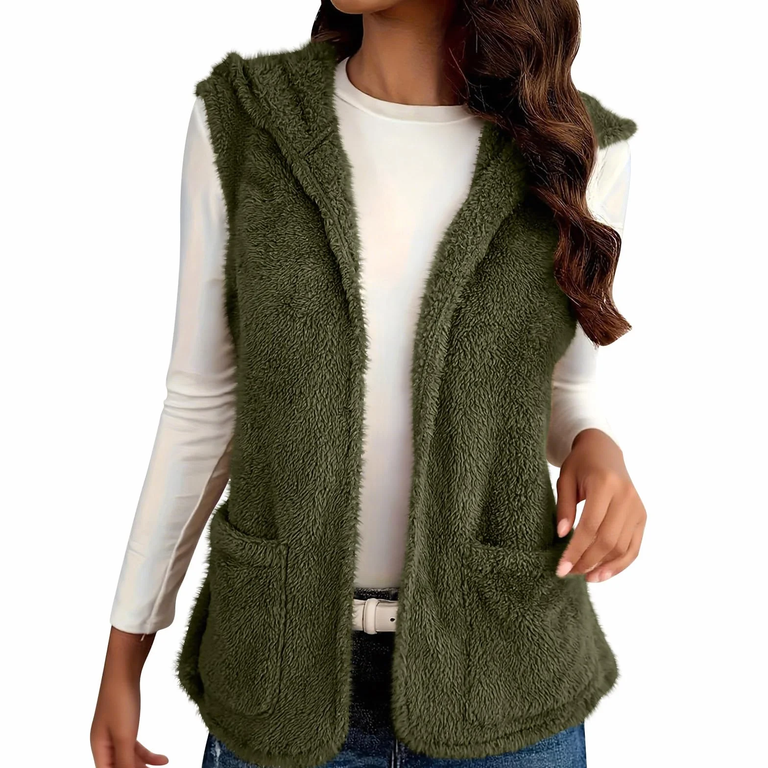 Gilet Femme Polaire Sans Manches Fourrure Veste Laine Couleur Unie Fluffy Chaud Sherpa Molleton