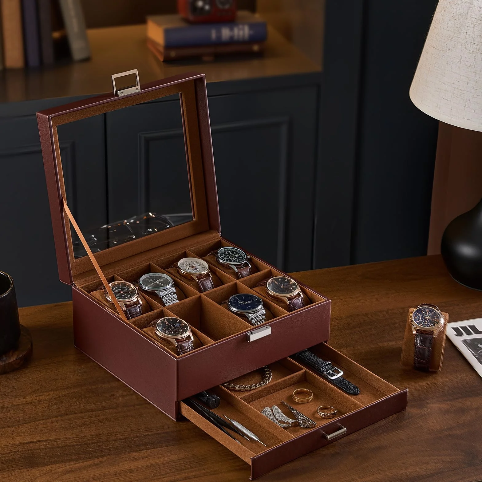 ProCase Coffret de Rangement pour Montres 2 Niveaux 8 Compartiments 1 Tiroir Couvercle Transparent Marron