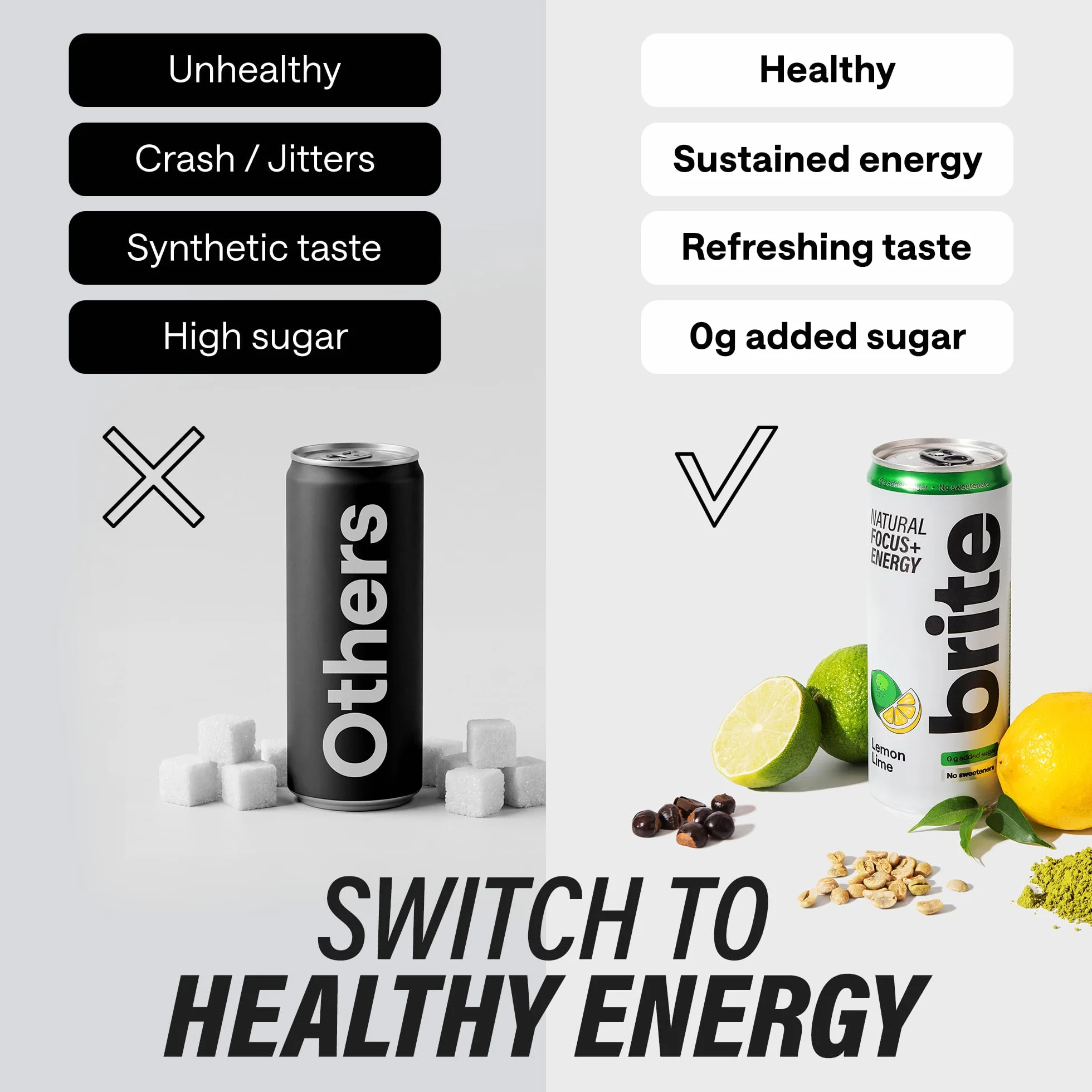 Brite Natural Focus. Boisson énergisante et alternative au café pour améliorer la productivité. À base de plantes, faible en calories, végétalienne, sans gluten. Mix 12 x 330 ml.