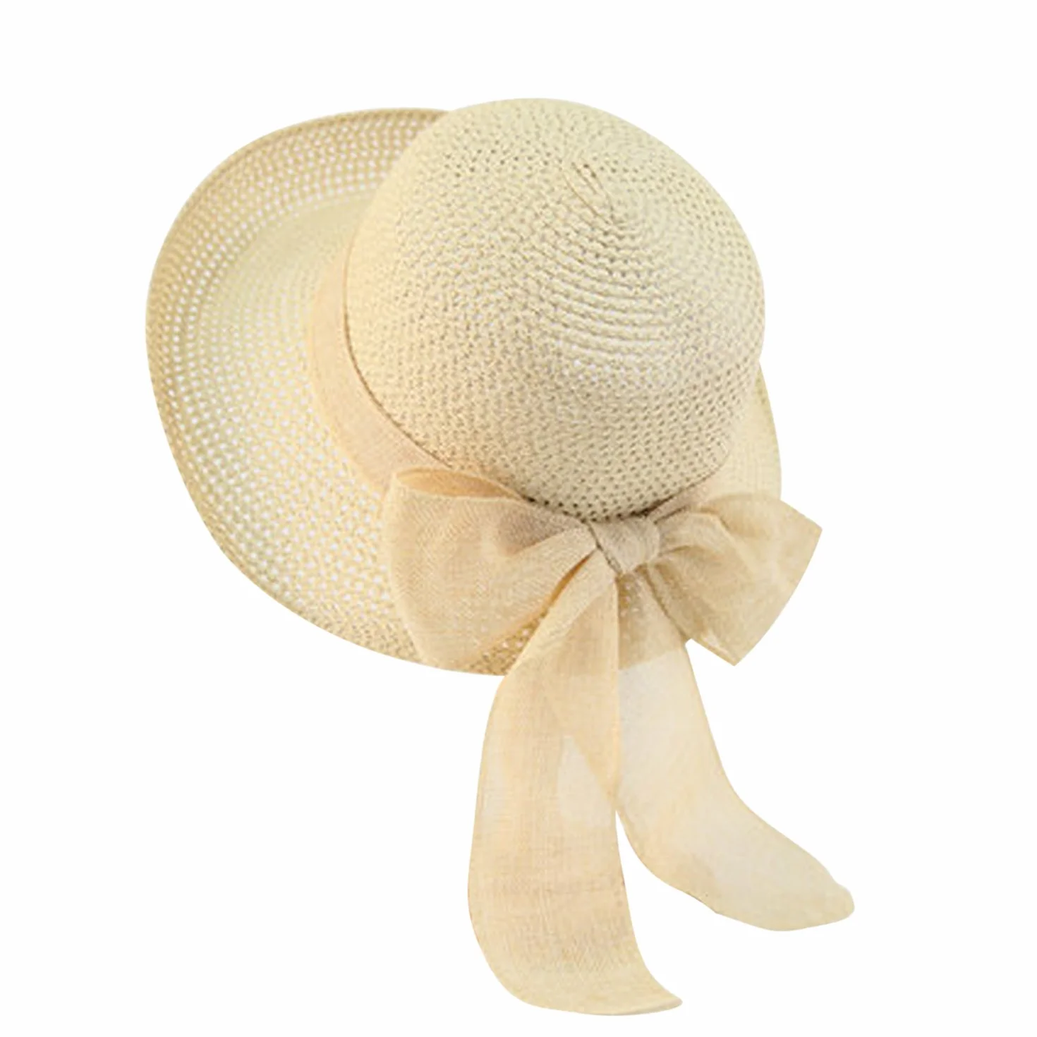 Chapeau Melon Femme Nœud Papillon Capeline Paille Anti-UV Plage Été