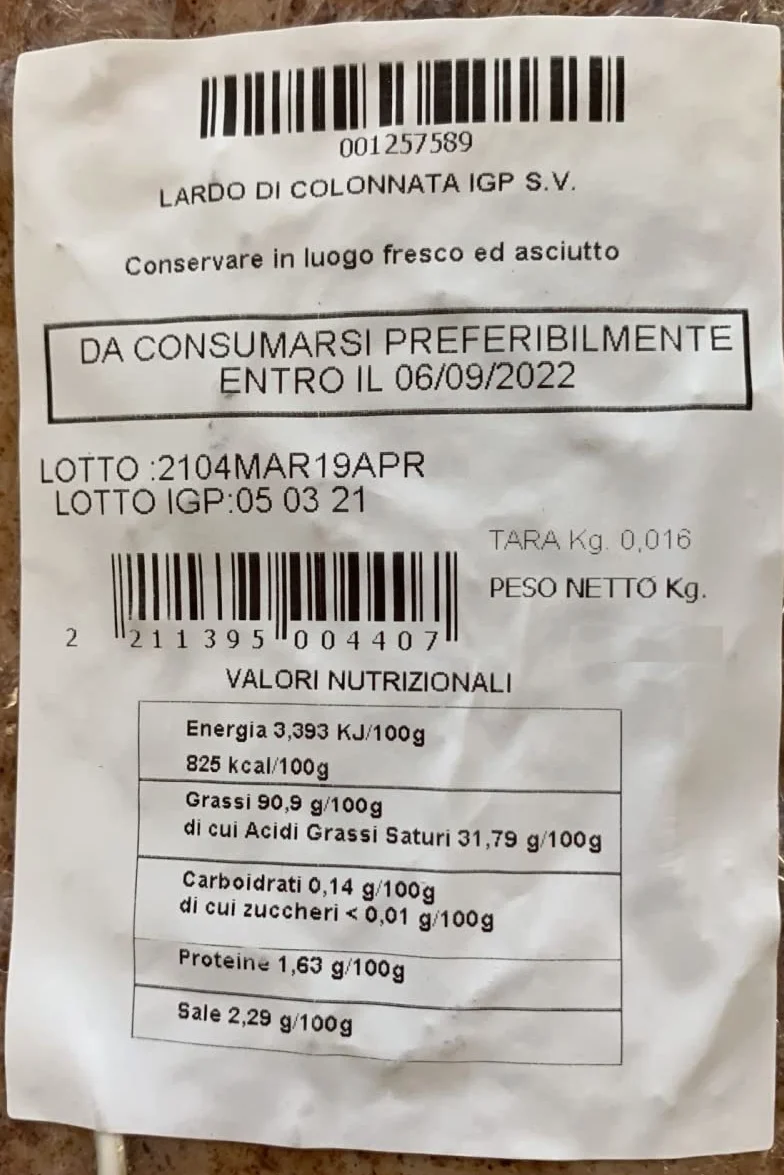 Lardo di Colonnata IGP 500 Gr. Environ