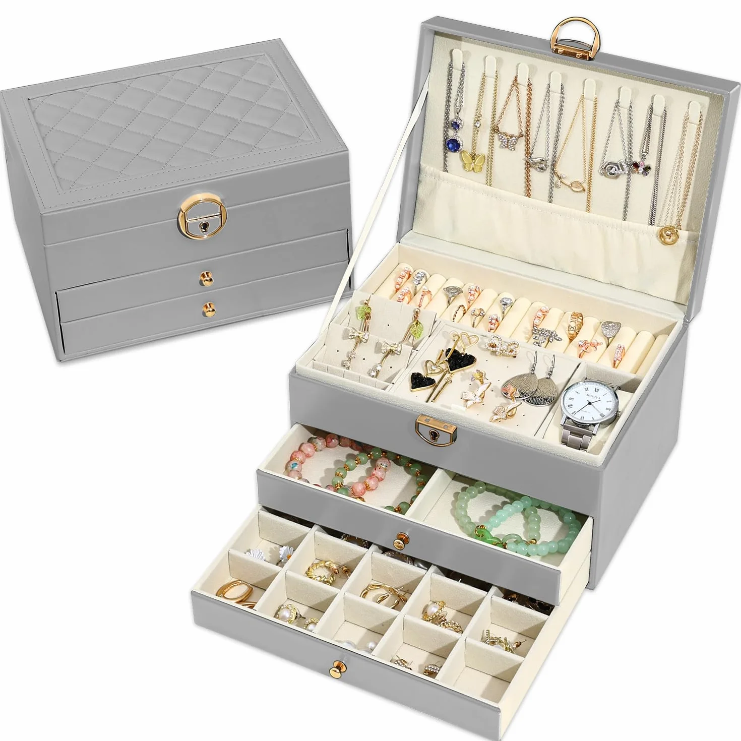 Granbest Coffret à bijoux en cuir 3 niveaux 2 tiroirs Gris