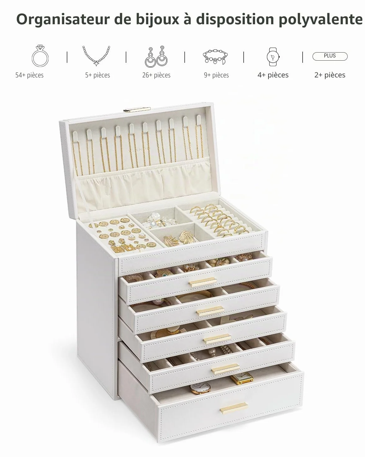 Vlando Boîte à bijoux moderne grande 6 niveaux avec tiroirs miroir coussinet pour montre