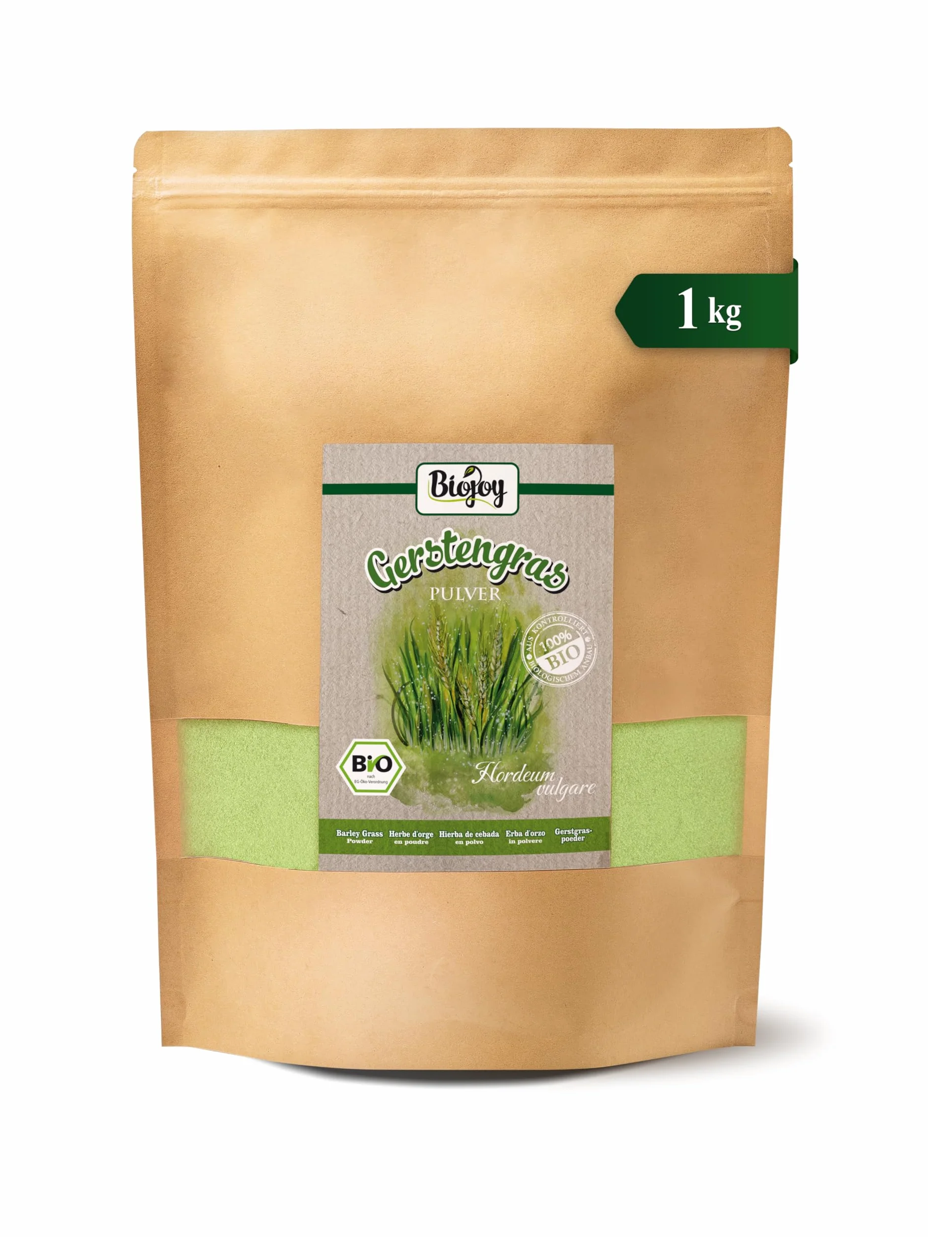 Biojoy Poudre d’herbe d’orge BIO, orge délicatement moulue, 1 kg | D’Allemagne, non traitée, Hordeum vulgare L.