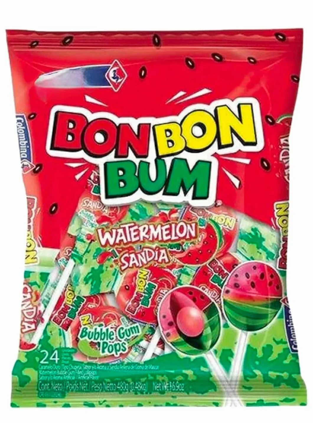 COLOMBINA Bon Bon Bum - Sucette, pastèque - Paletas Sabor Sandia Rellenas de Chicle, 408g