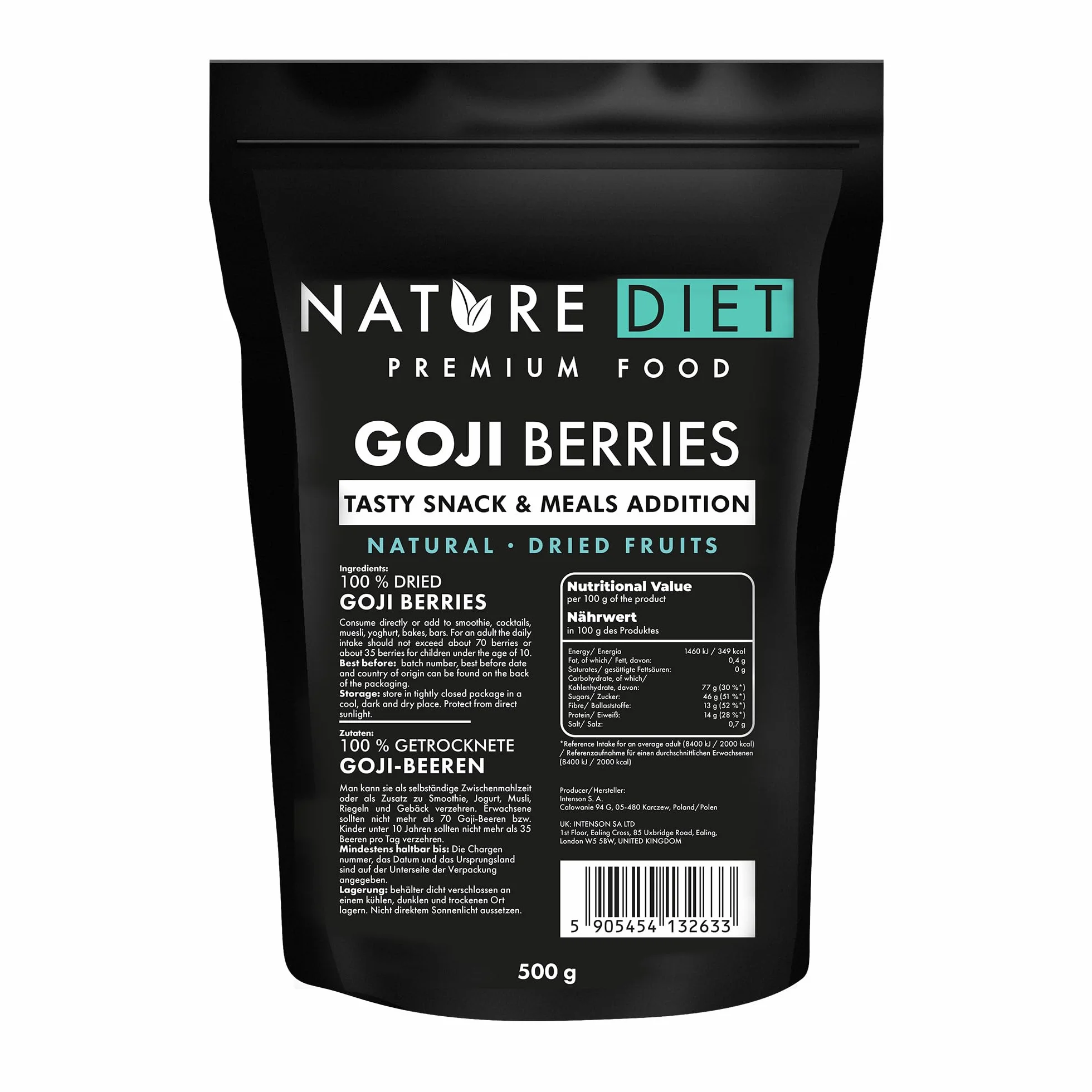 Nature Diet Baies de Goji | 500 g | Riches en Fibres & Protéines | Vegan, Sans Gluten & Sans Lactose | Non OGM | Idéal pour Snacks, Smoothies & Pâtisserie