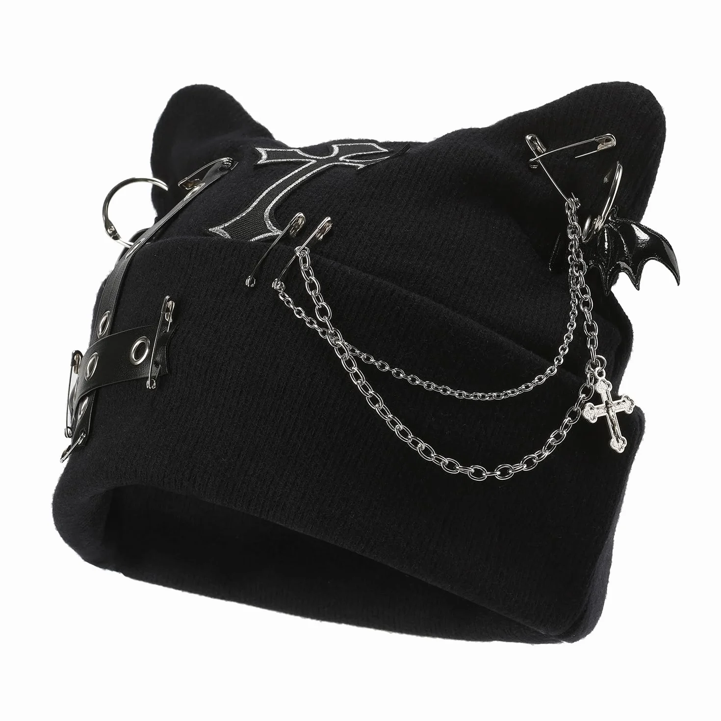 Goth Cat Beanie bonnet punk oreilles chat Y2K grunge tricoté streetwear chaîne femme festivals