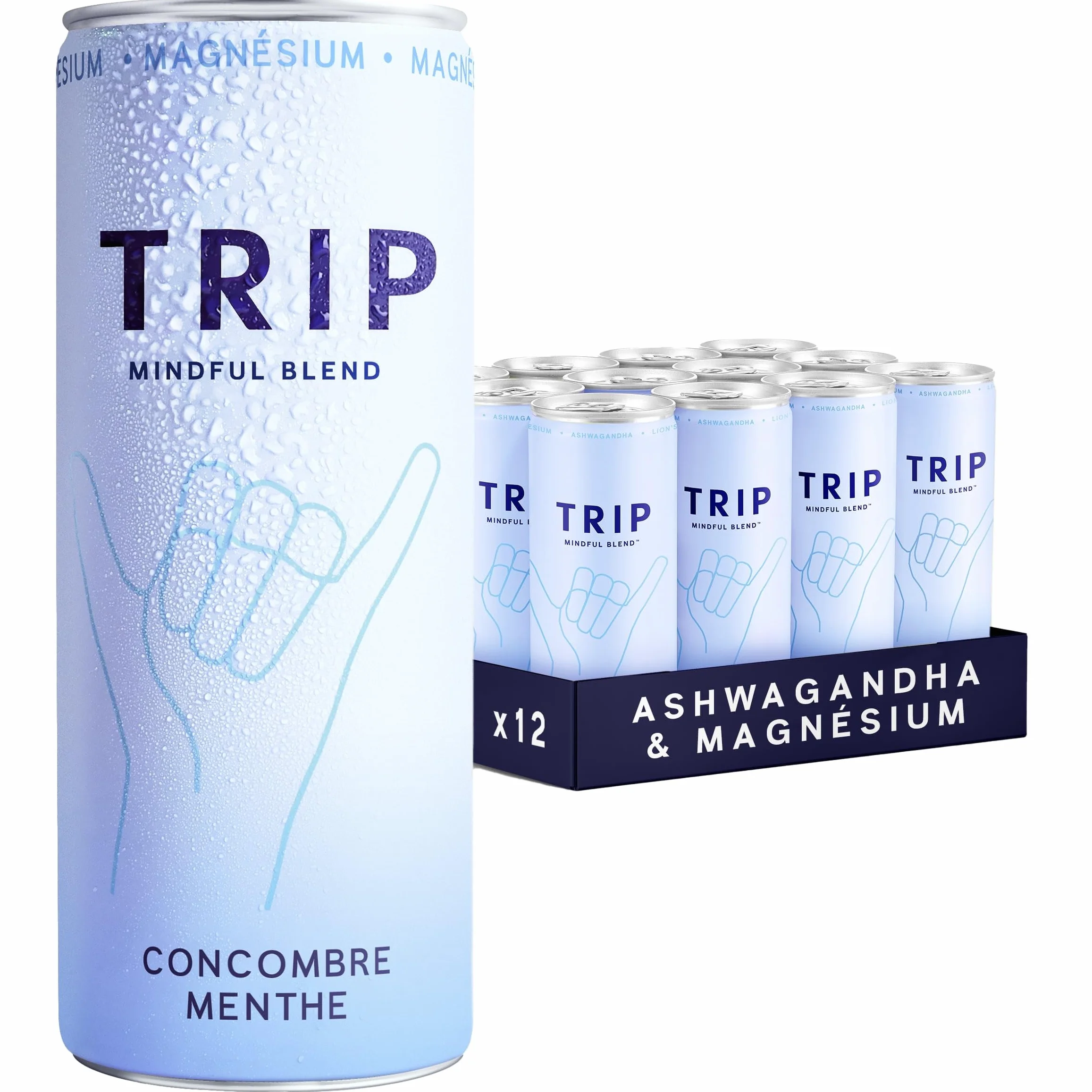 Trip Mindful Blend, boisson légèrement pétillante aux adaptogènes, mocktail avec 120mg de magnésium, crinière de lion et L-théanine, sans sucres ajoutés, végétalienne, saveur menthe-concombre 12x250ml