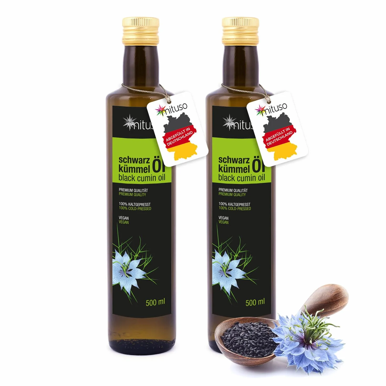 Huile de cumin noir mituso, 100% pur et pressé à froid, 1 paquet (2 x 500 ml)