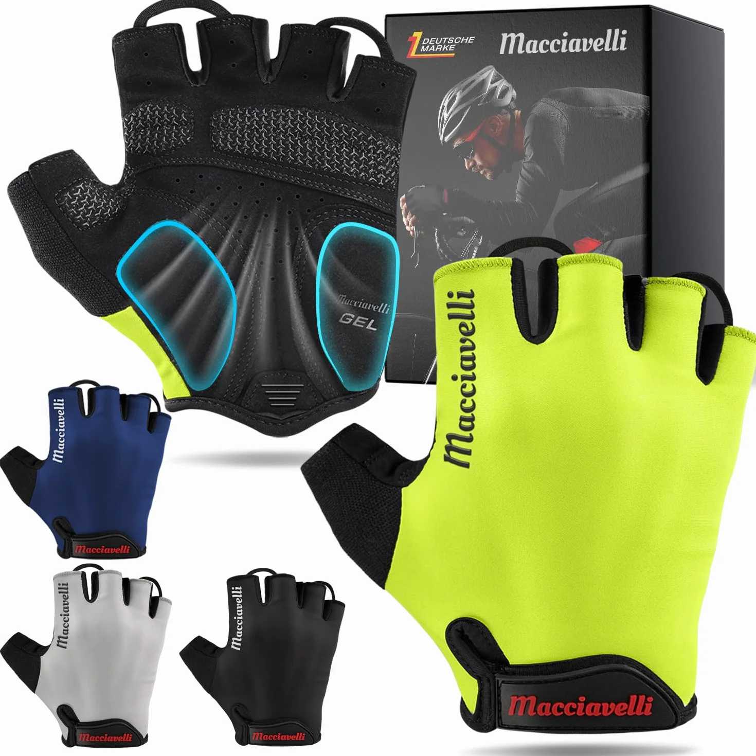 MACCIAVELLI Gants de cyclisme pour homme rembourrés respirants sans doigts avec inserts en gel VTT vélo route
