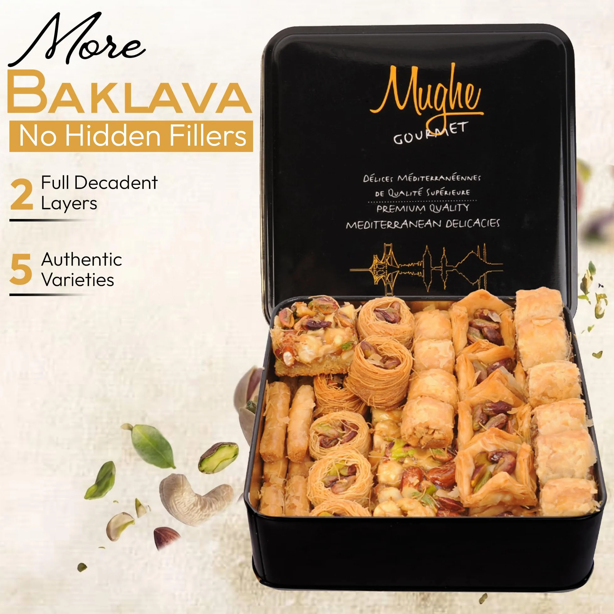 Mughe Gourmet Baklava Pistache 750g, Boîte Métallique Cadeau Double Couche | Baklawa Pistache 750g Double Couche Boîte Métallique Cadeau Luxe Halal