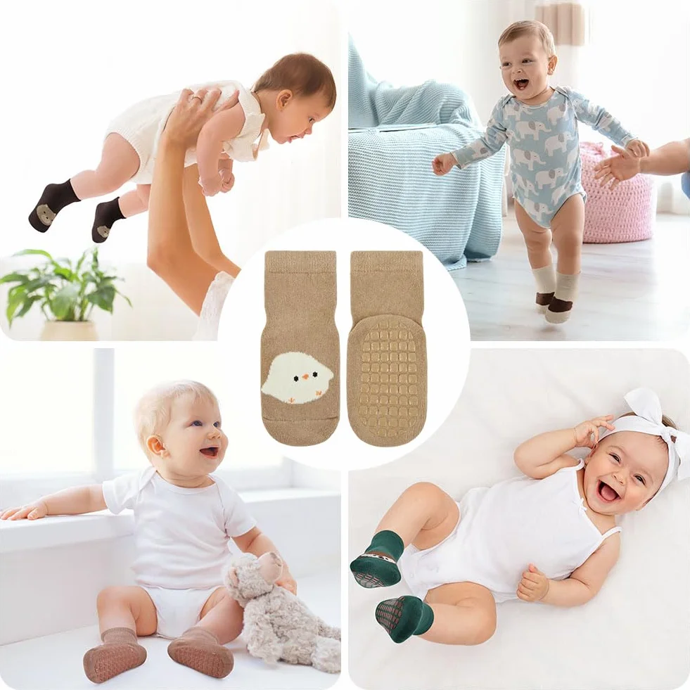 Chaussettes Antidérapantes Bébé Coton 5 Paires Motif Animaux Fond Silicone