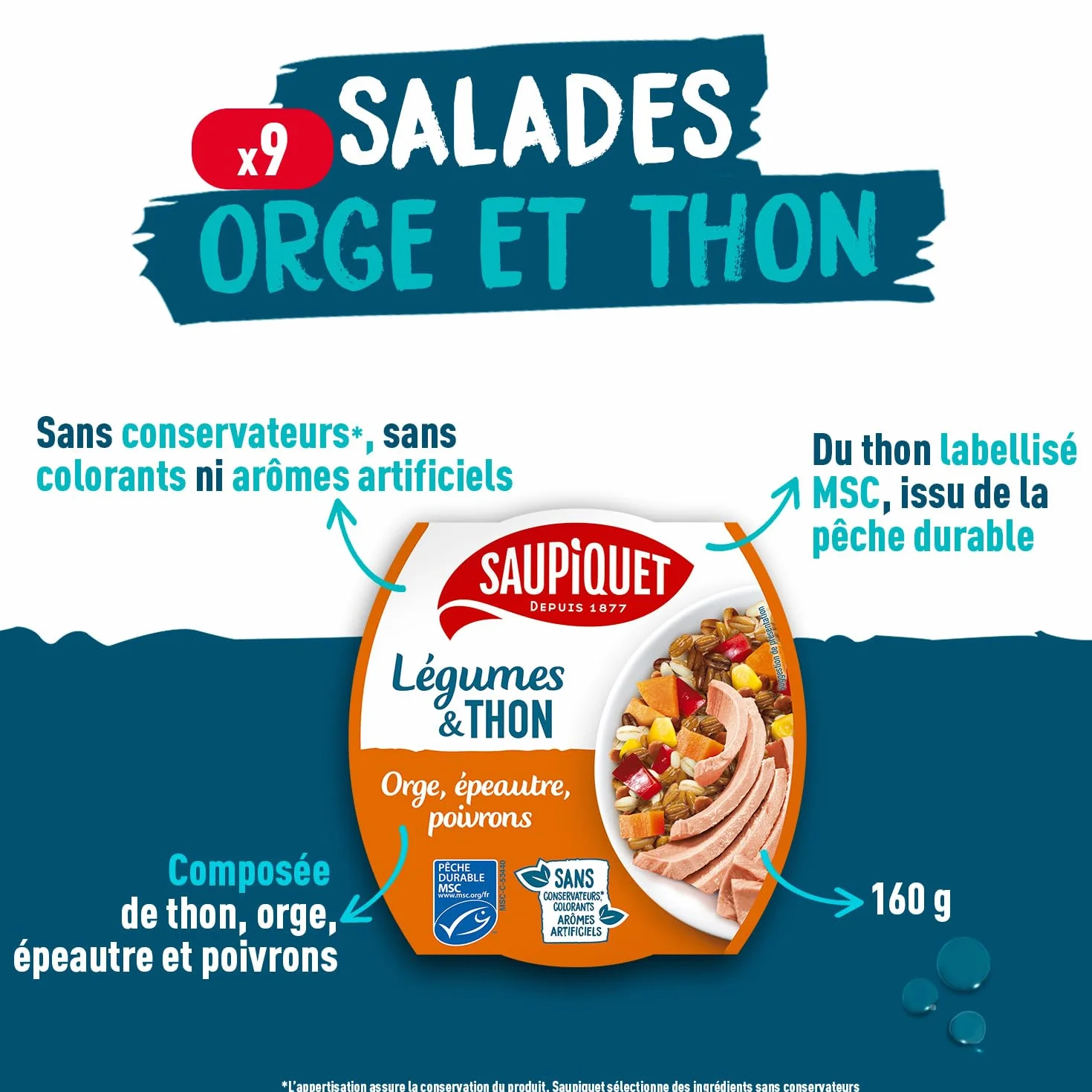 SAUPIQUET - Légumes & Thon - Orge, Epeautre, Poivrons - Salade Prête à Consommer - Température Ambiante - Idéal Pique-Nique - Poisson Issu Pêche Traçabilité Garantie - 9 Conserves (160 g)