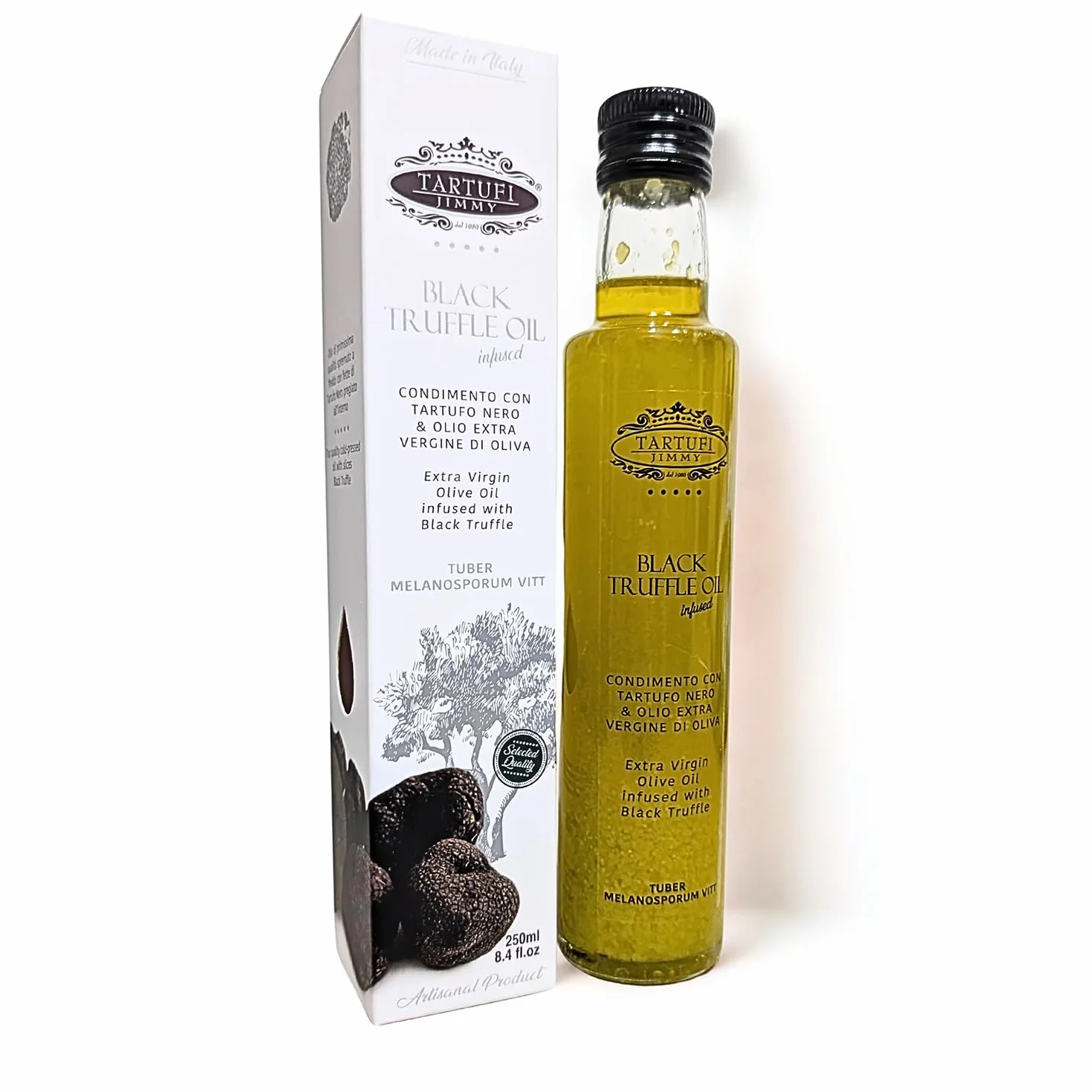 Huile d’Olive Extra Vierge à la Truffe Noire de Qualité avec Coffret - 250ml | Fabriqué en Italie | Condiment Gourmet avec Truffe Noire en Tranches
